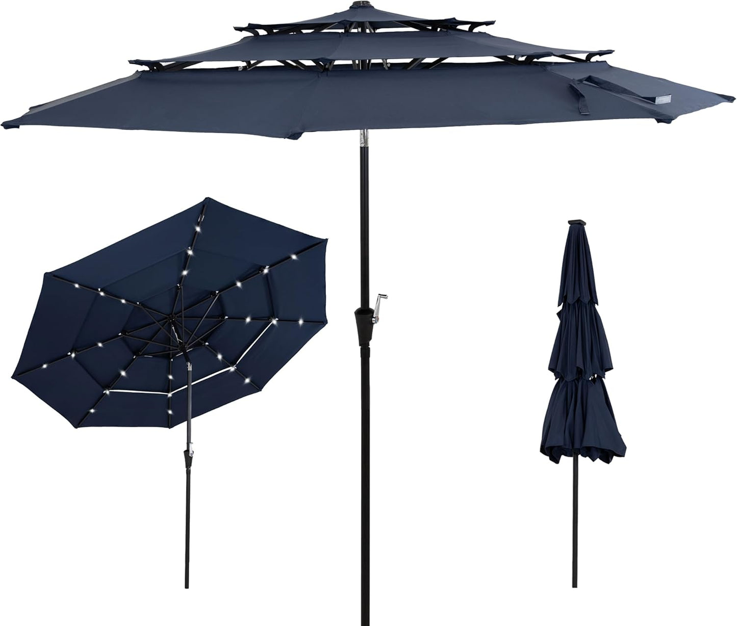 SUNGUARD UMBRELLAS 10 ft 3-Tier Solar LED Patio Umbrella, Vented Polyester Market Umbrella with Crank Tilt