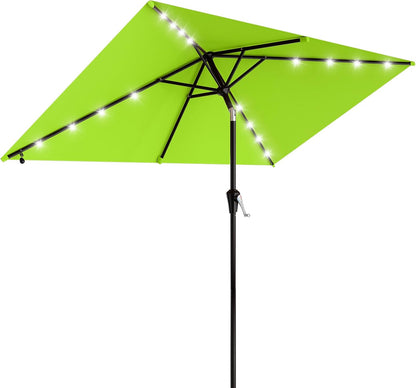 SUNGUARD UMBRELLAS Rectangular Solar LED Patio Umbrella, 16-Light Vented Canopy with Crank Tilt - Red / 9 Ft