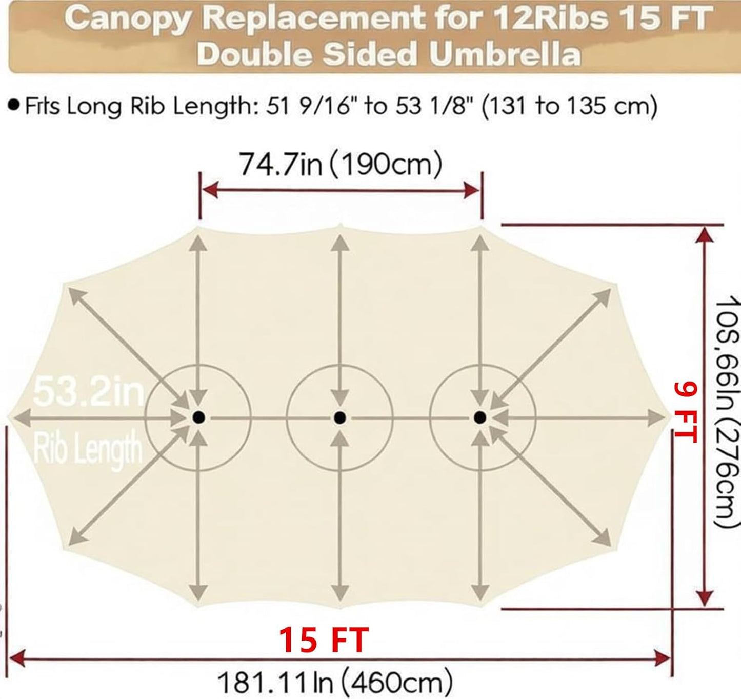 SUNGUARD UMBRELLAS 15 ft Replacement Canopy, 12-Rib Polyester Top Cover for Double-Sided Patio Umbrellas - Khaki