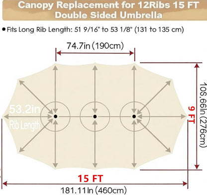 SUNGUARD UMBRELLAS 15 ft Replacement Canopy, 12-Rib Polyester Top Cover for Double-Sided Patio Umbrellas - Khaki