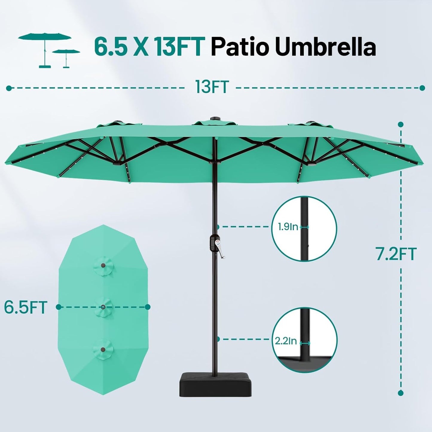 SUNGUARD UMBRELLAS 13 ft Solar LED Double-Sided Patio Umbrella, 6.5 x 13 ft Rectangular Canopy with Crank - Gray / 6.5x13 Ft