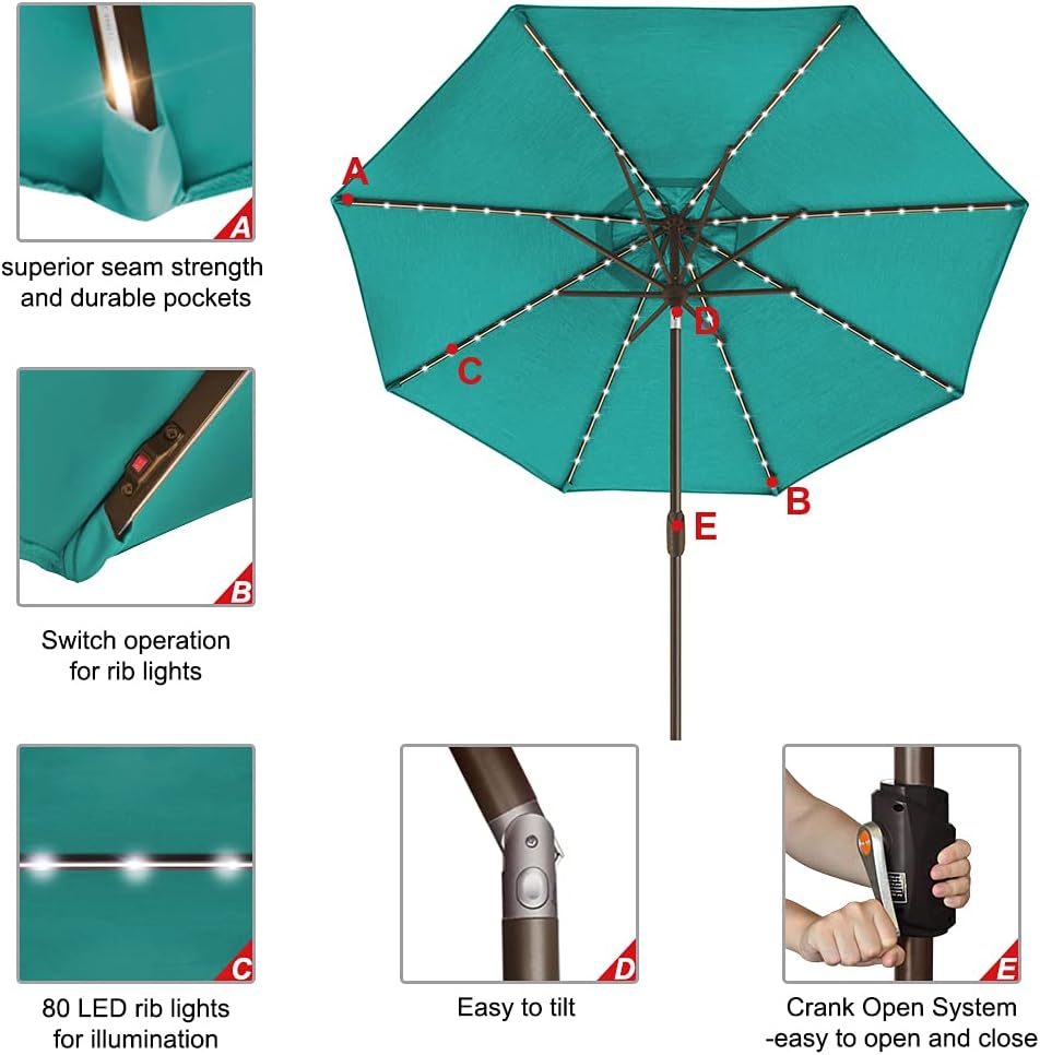 SUNGUARD UMBRELLAS Solar LED Patio Umbrella, 80-Light Acrylic Market Umbrella with Crank and Tilt - Black / 10FT Single Vent