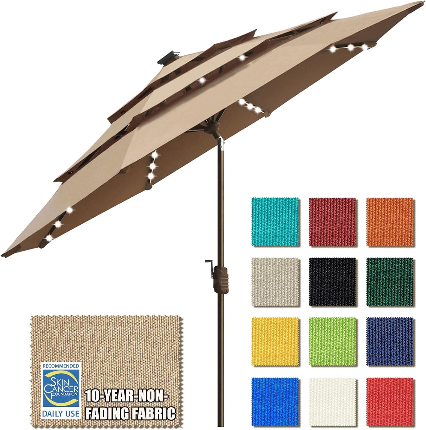 SUNGUARD UMBRELLAS Solar LED Patio Umbrella, 80-Light Acrylic Market Umbrella with Crank and Tilt - Macaw Green / 10FT Triple Vents