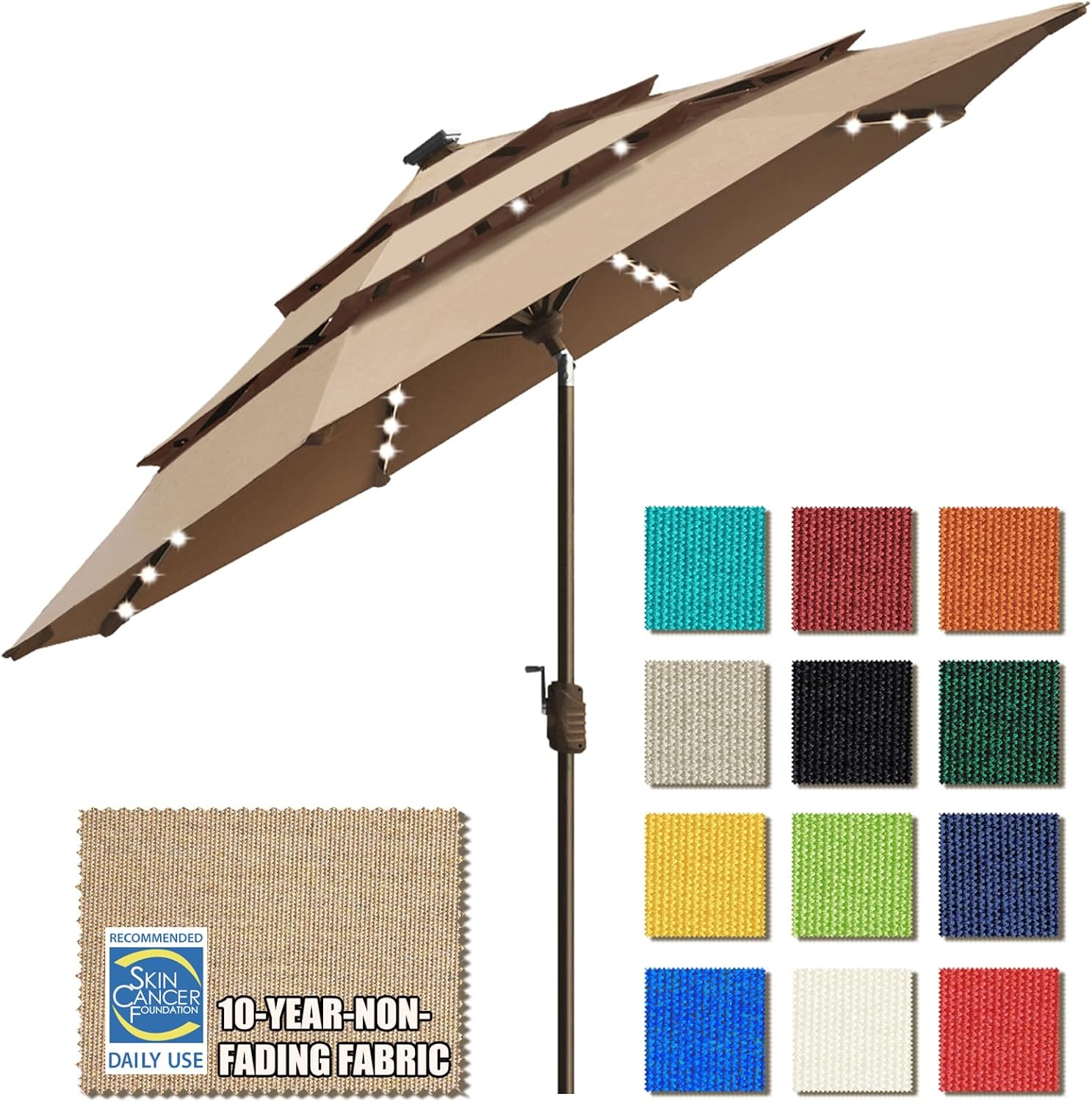 SUNGUARD UMBRELLAS Solar LED Patio Umbrella, 80-Light Acrylic Market Umbrella with Crank and Tilt - Macaw Green / 10FT Triple Vents