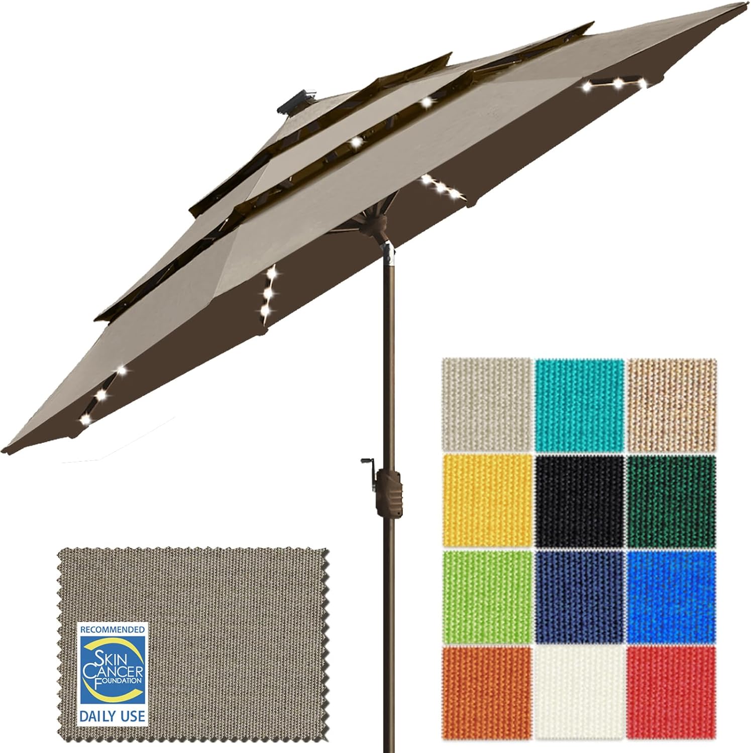 SUNGUARD UMBRELLAS Solar LED Patio Umbrella, 80-Light Acrylic Market Umbrella with Crank and Tilt - Fern / 9FT Single Vent