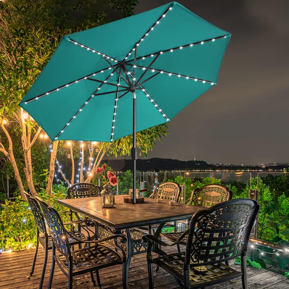 SUNGUARD UMBRELLAS Solar LED Patio Umbrella, 80-Light Acrylic Market Umbrella with Crank and Tilt - Mushroom / 9FT Triple Vents