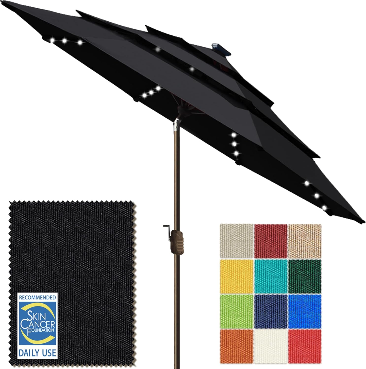 SUNGUARD UMBRELLAS Solar LED Patio Umbrella, 80-Light Acrylic Market Umbrella with Crank and Tilt - Taupe / 9FT Triple Vents