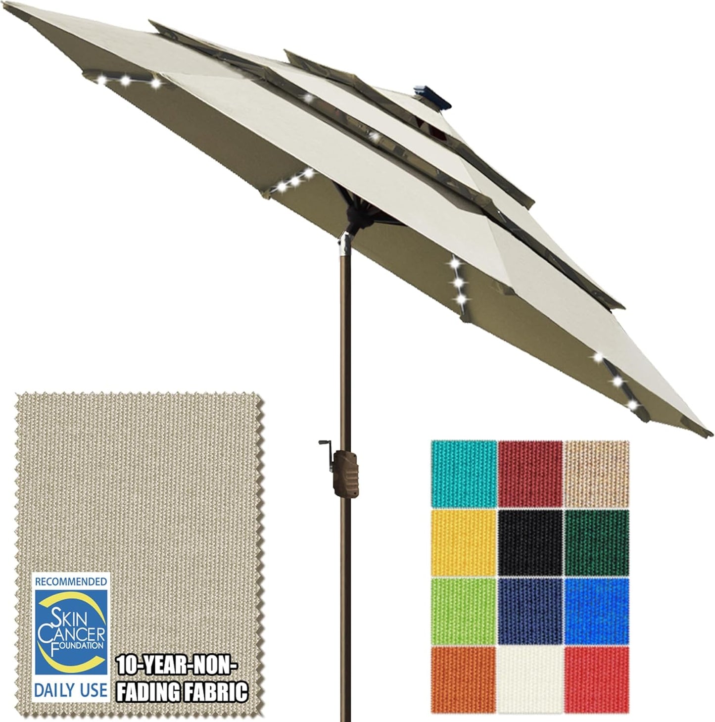 SUNGUARD UMBRELLAS Solar LED Patio Umbrella, 80-Light Acrylic Market Umbrella with Crank and Tilt - Red / 10FT Single Vent