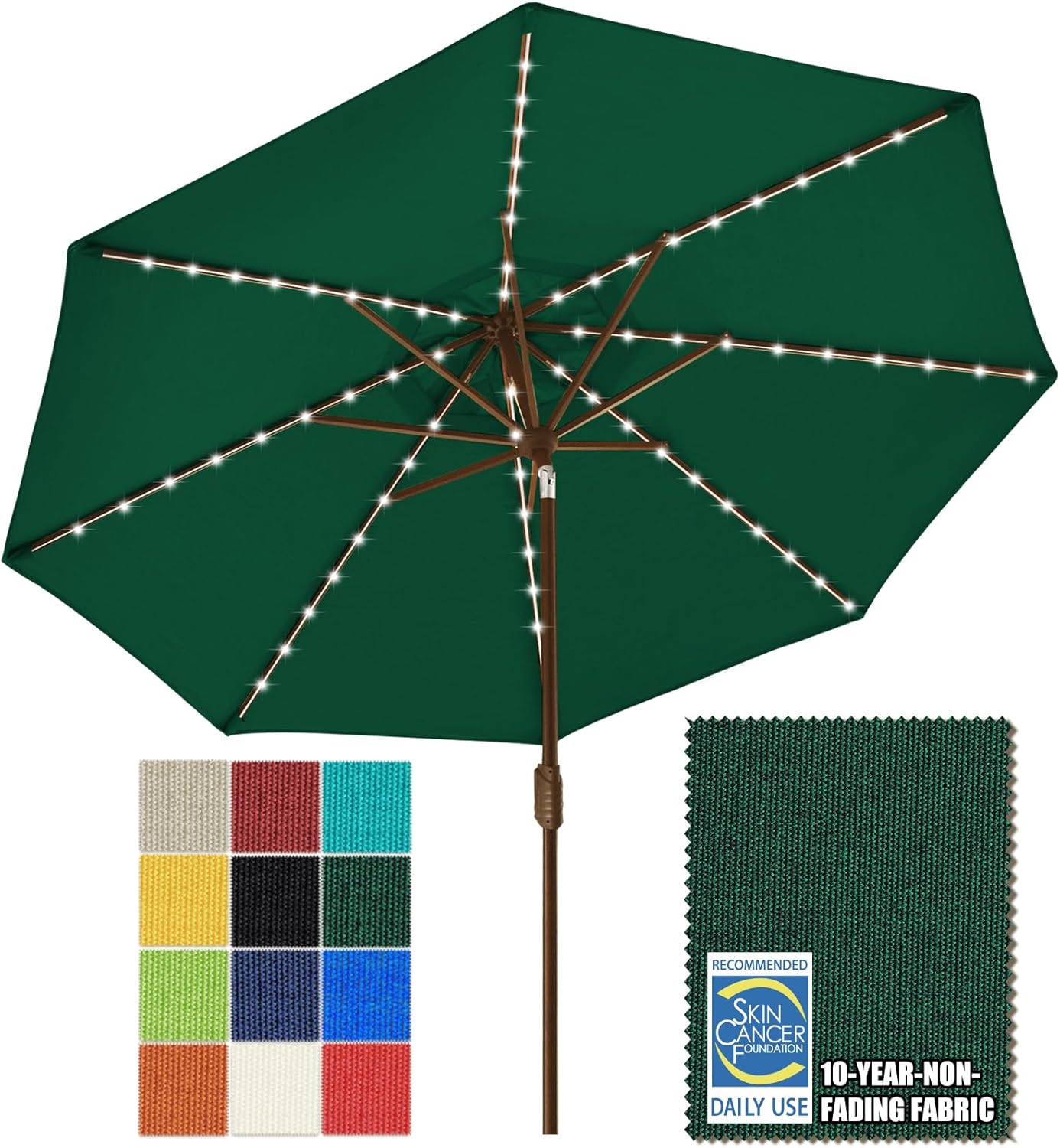 SUNGUARD UMBRELLAS Solar LED Patio Umbrella, 80-Light Acrylic Market Umbrella with Crank and Tilt - Macaw Green / 9FT Single Vent