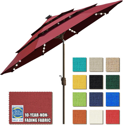 SUNGUARD UMBRELLAS Solar LED Patio Umbrella, 80-Light Acrylic Market Umbrella with Crank and Tilt - Logo Red / 9FT Triple Vents