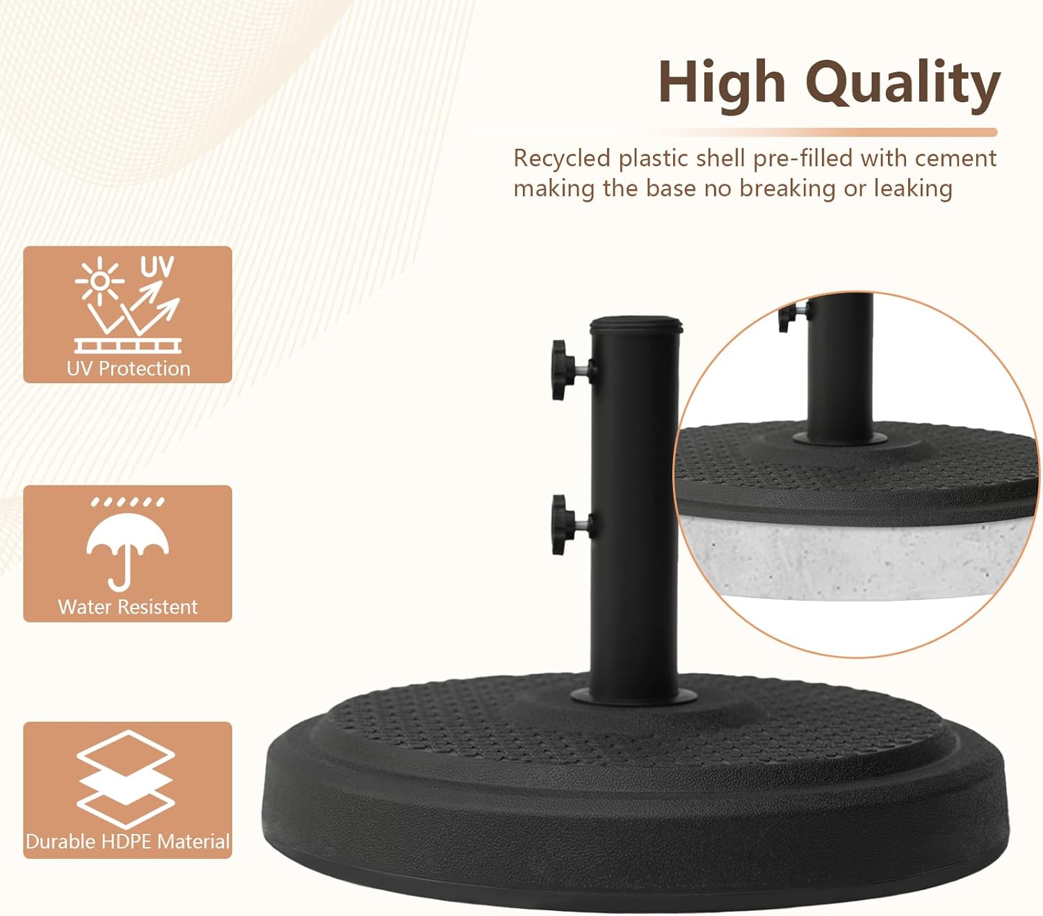 SUNGUARD UMBRELLAS Heavy Duty Round Patio Umbrella Base, Cement-Filled Stand for 1.3–1.9 in Poles - 44lb