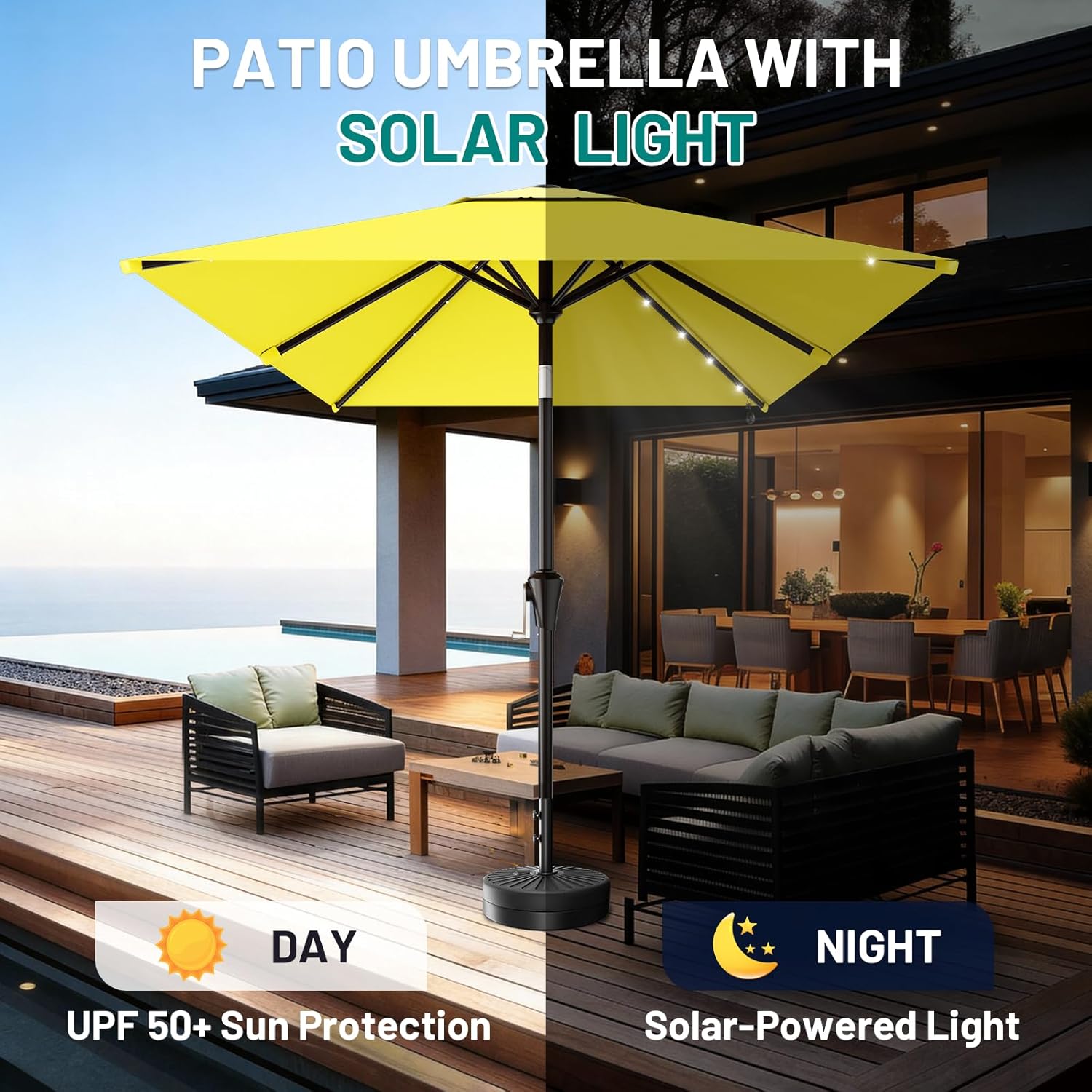 SUNGUARD UMBRELLAS Rectangular Solar LED Patio Umbrella, 16-Light Vented Canopy with Crank Tilt - Black / 6.5 X 10 Ft