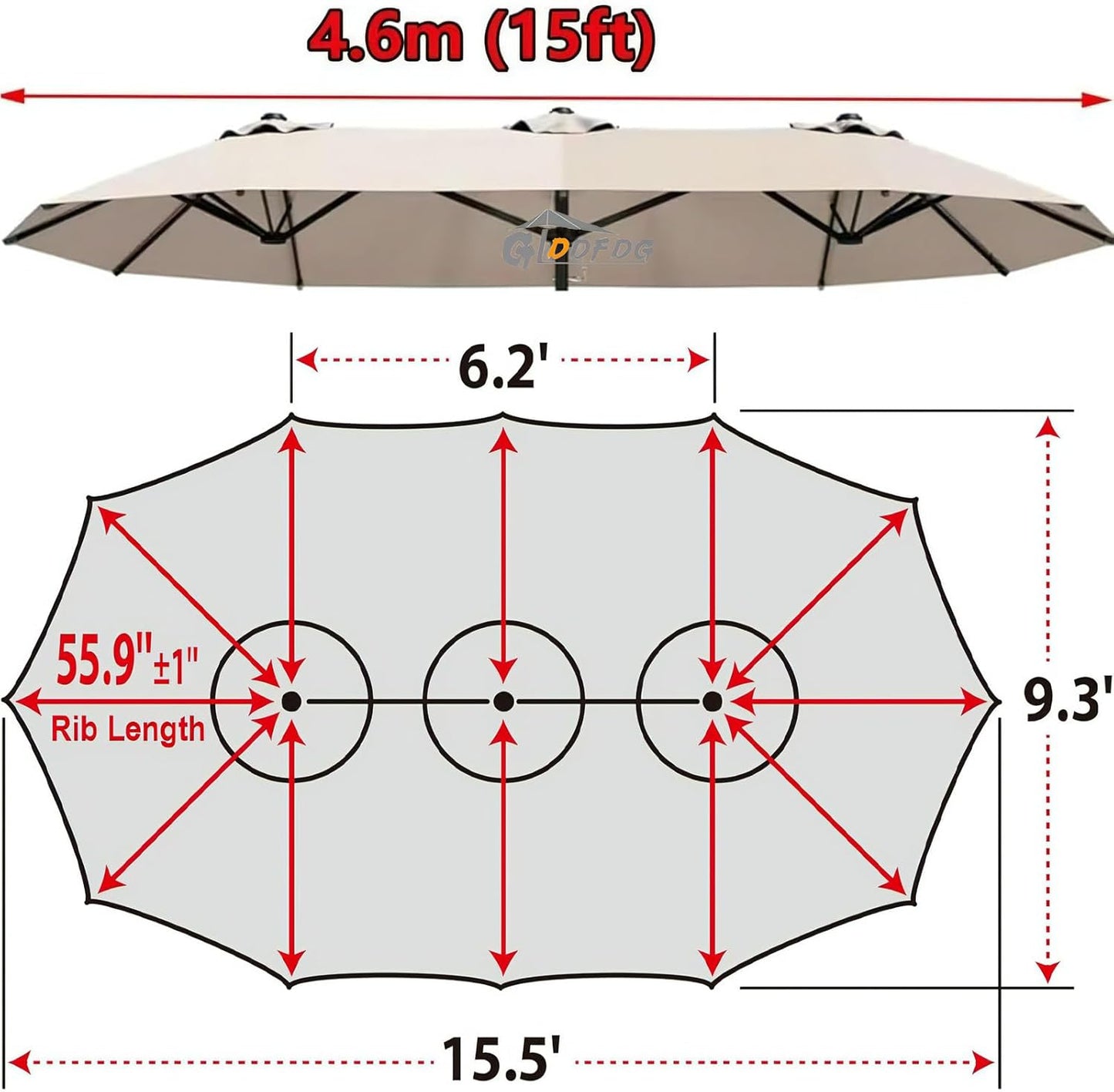 SUNGUARD UMBRELLAS 15 ft x 9 ft Replacement Canopy, 12-Rib Polyester Cover for Double-Sided Patio Umbrellas - Gray