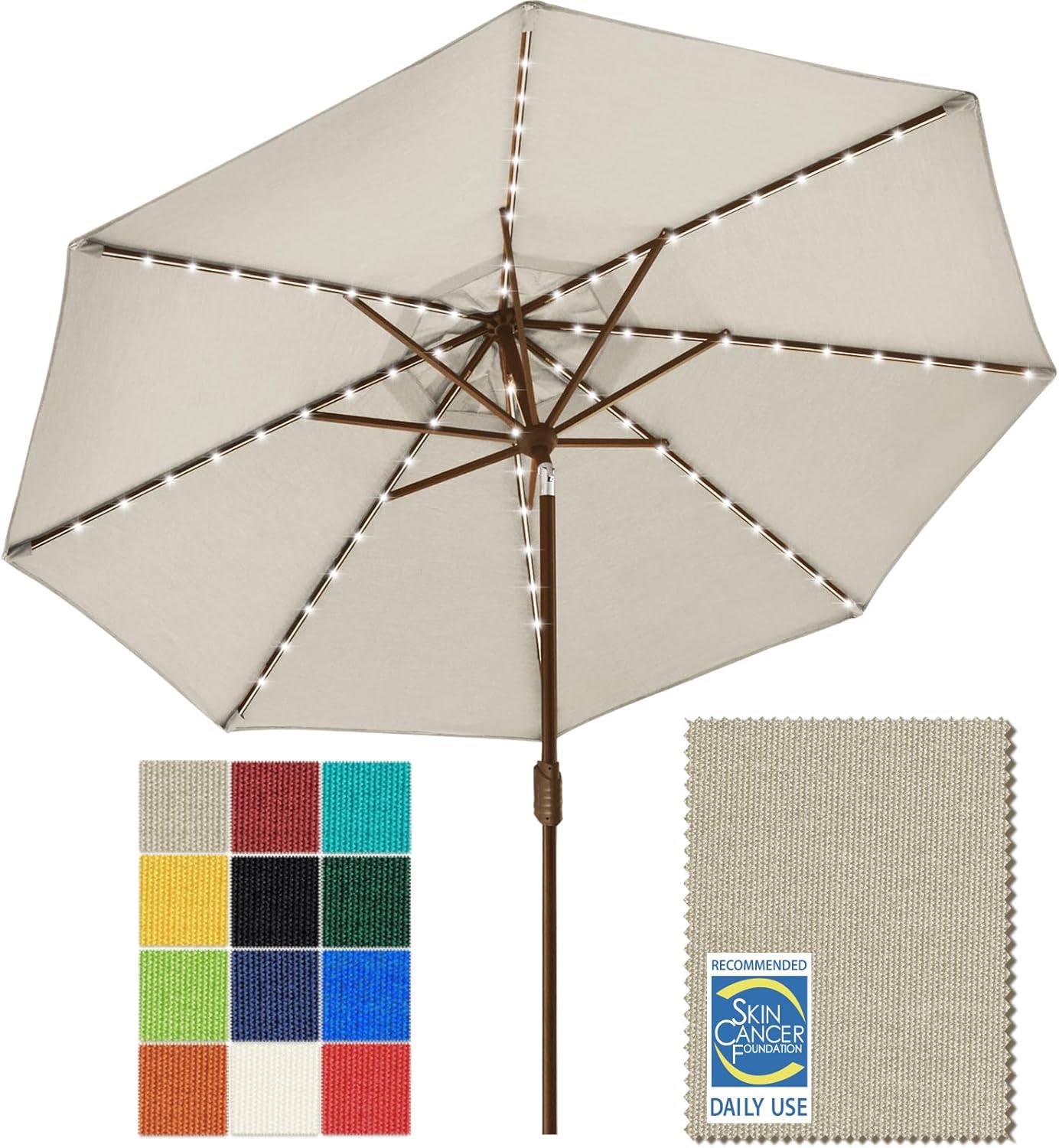 SUNGUARD UMBRELLAS Solar LED Patio Umbrella, 80-Light Acrylic Market Umbrella with Crank and Tilt - Heather Beige / 9FT Triple Vents