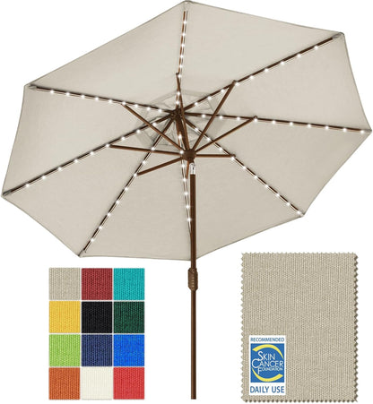 SUNGUARD UMBRELLAS Solar LED Patio Umbrella, 80-Light Acrylic Market Umbrella with Crank and Tilt - Heather Beige / 9FT Triple Vents