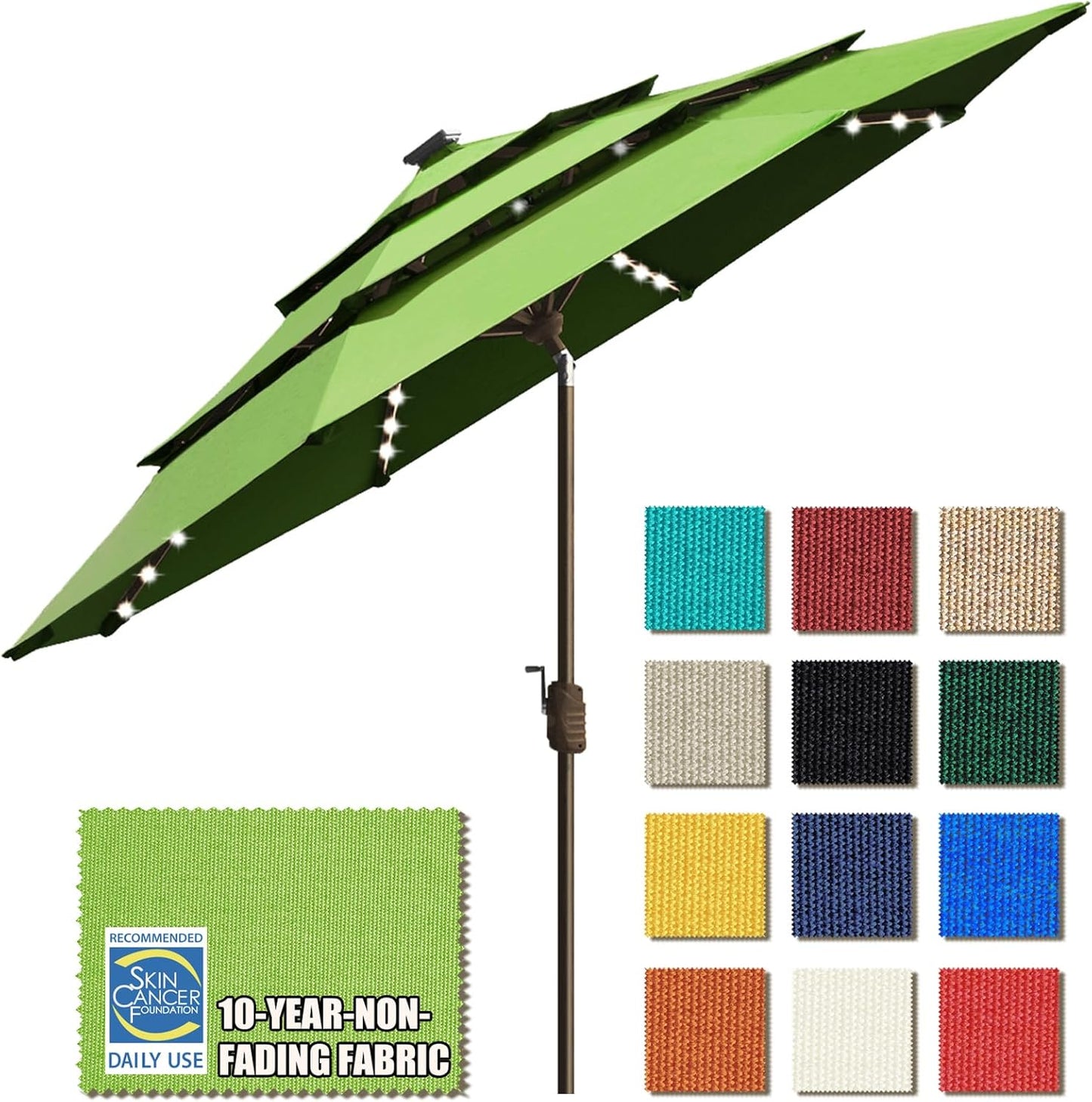 SUNGUARD UMBRELLAS Solar LED Patio Umbrella, 80-Light Acrylic Market Umbrella with Crank and Tilt - Fern / 9FT Triple Vents