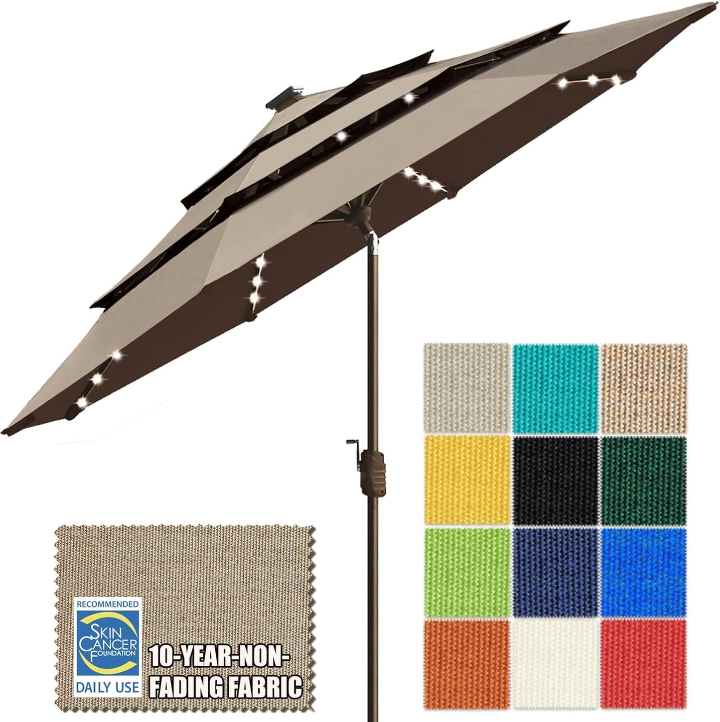 SUNGUARD UMBRELLAS Solar LED Patio Umbrella, 80-Light Acrylic Market Umbrella with Crank and Tilt - Mushroom / 10FT Single Vent