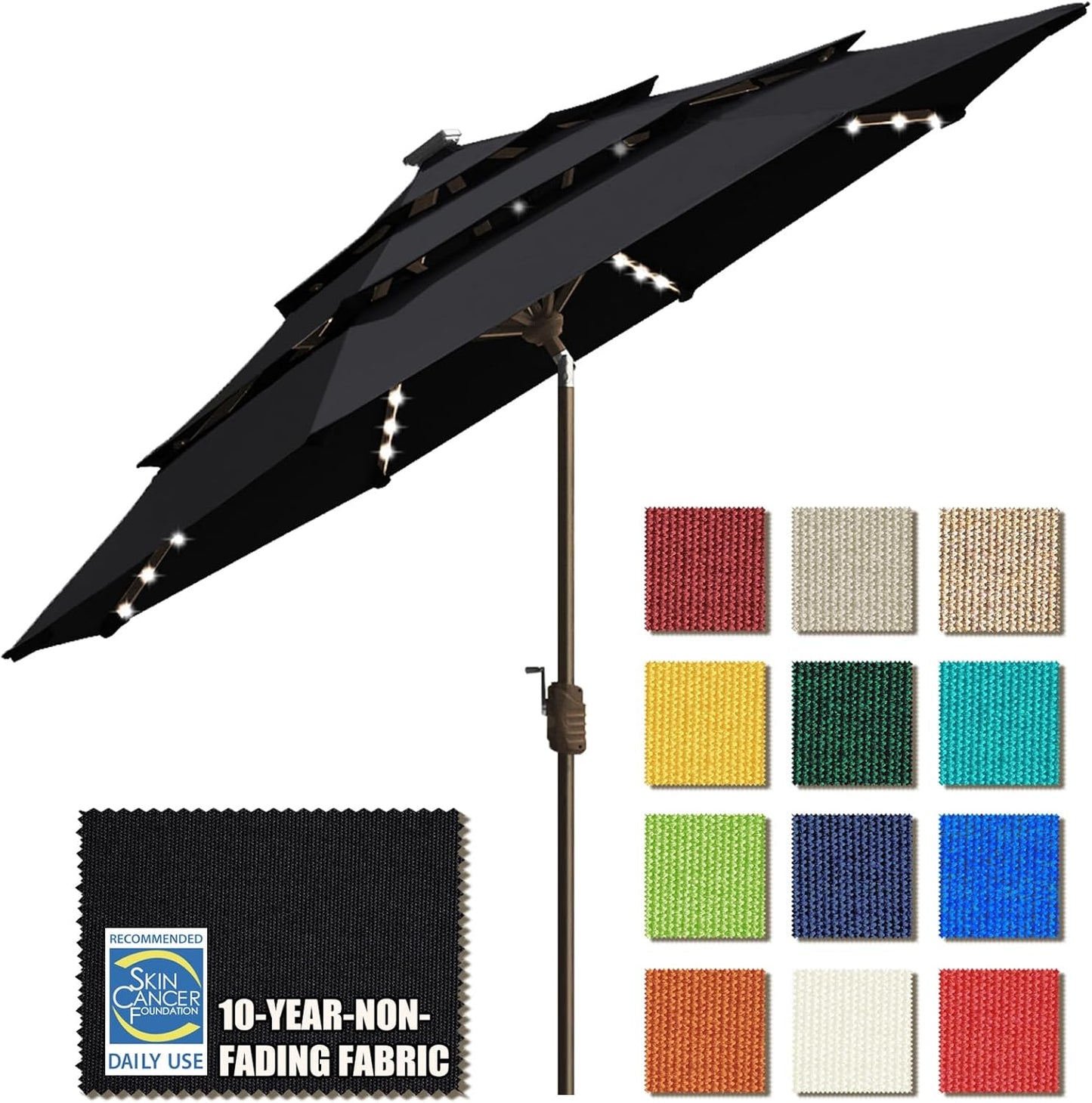 SUNGUARD UMBRELLAS Solar LED Patio Umbrella, 80-Light Acrylic Market Umbrella with Crank and Tilt - Logo Red / 9FT Single Vent