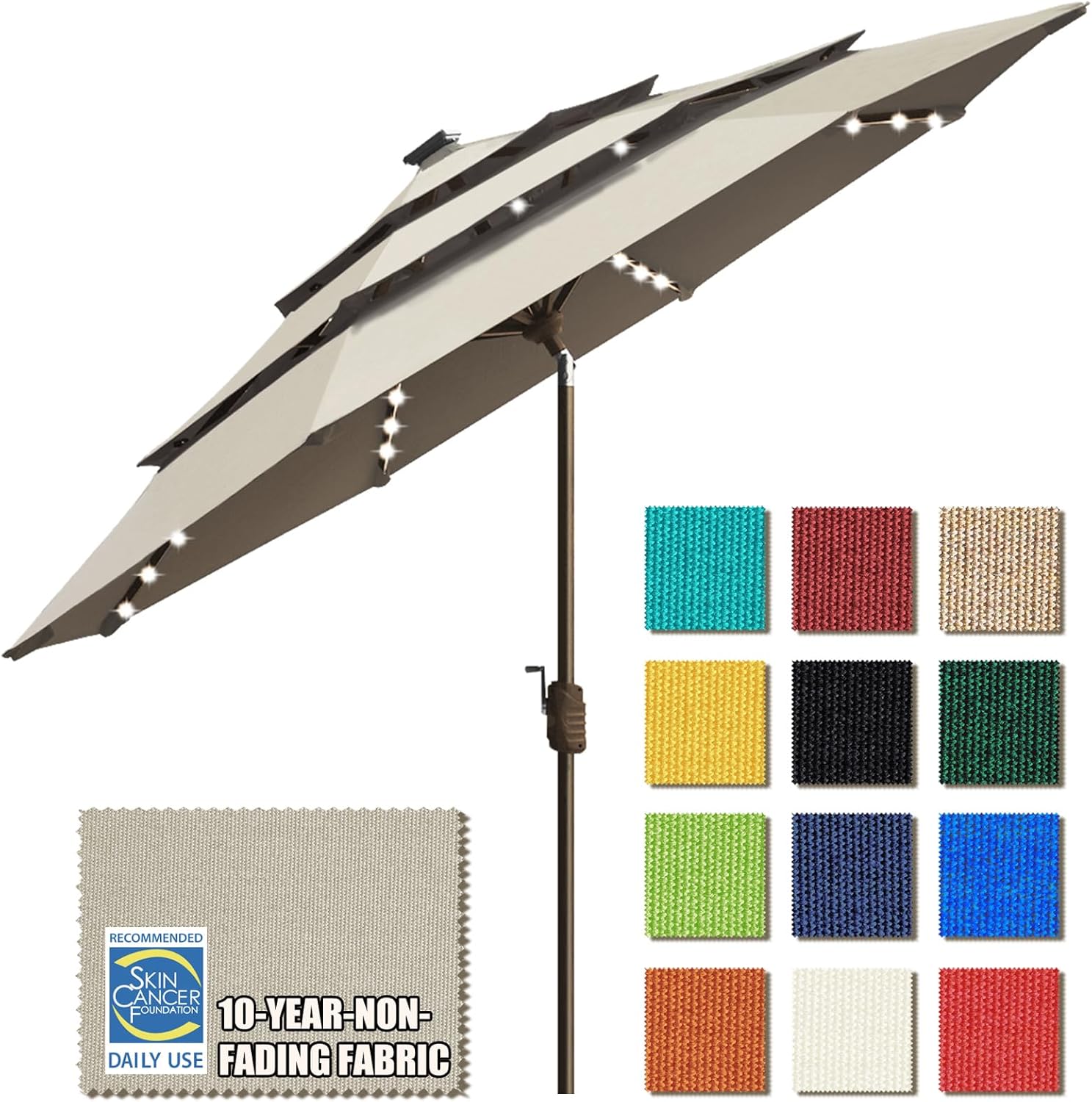 SUNGUARD UMBRELLAS Solar LED Patio Umbrella, 80-Light Acrylic Market Umbrella with Crank and Tilt - Macaw Green / 9FT Triple Vents