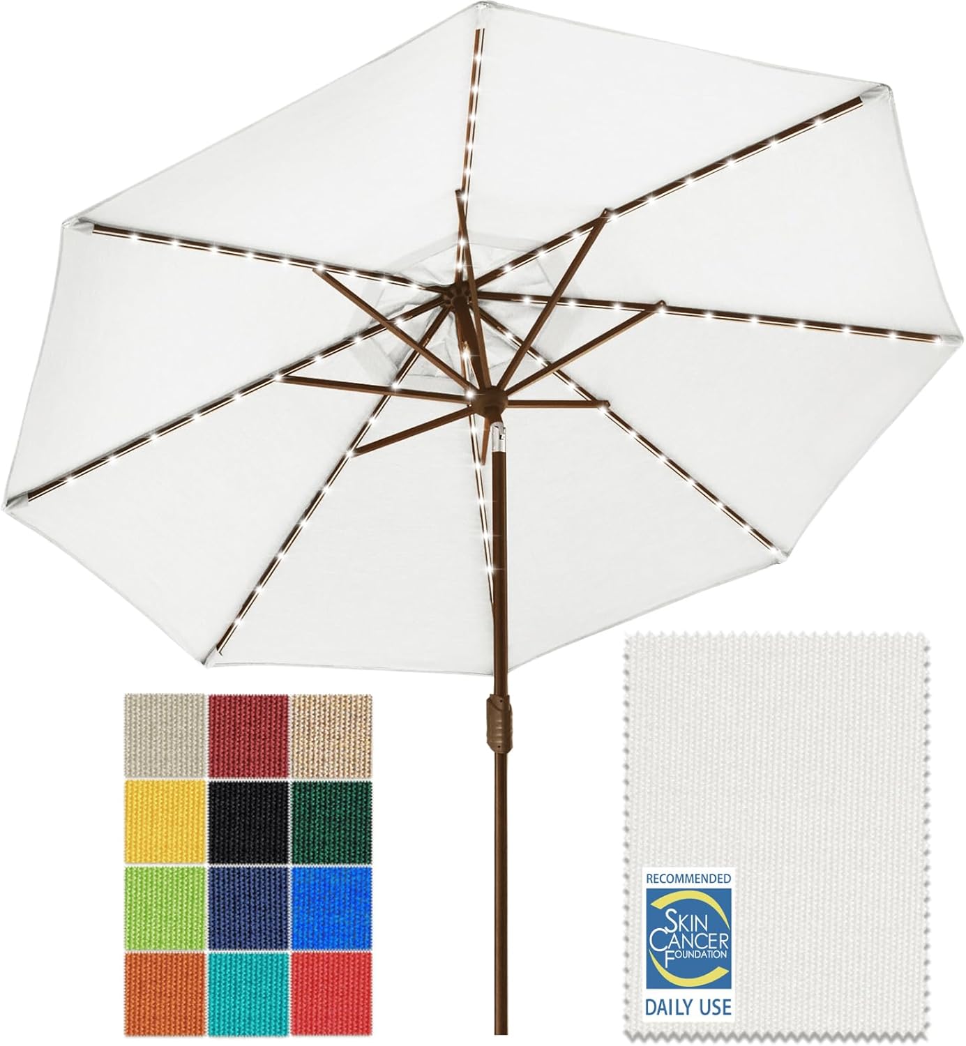 SUNGUARD UMBRELLAS Solar LED Patio Umbrella, 80-Light Acrylic Market Umbrella with Crank and Tilt - Taupe / 9FT Single Vent