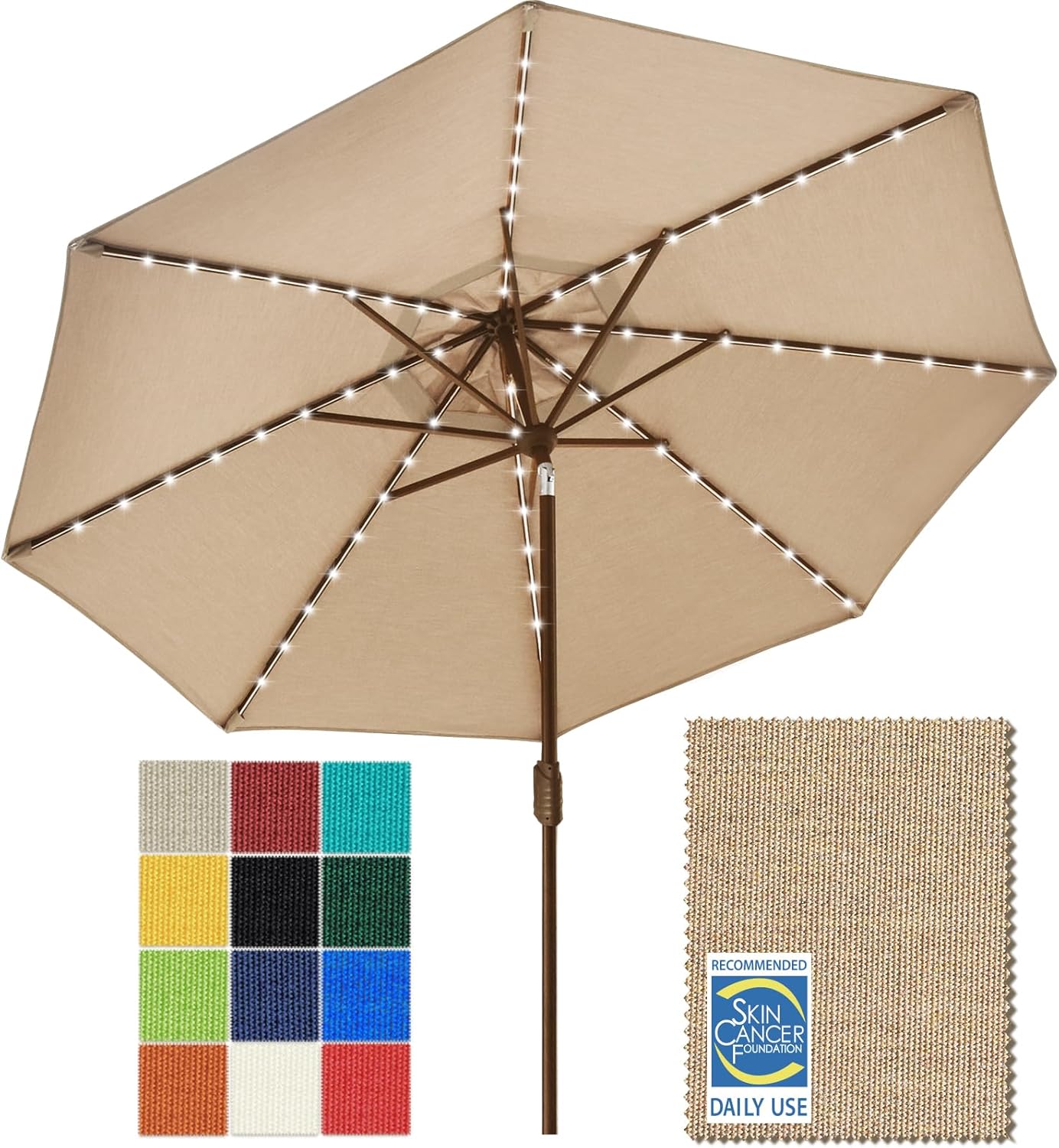SUNGUARD UMBRELLAS Solar LED Patio Umbrella, 80-Light Acrylic Market Umbrella with Crank and Tilt - Natural / 9FT Single Vent