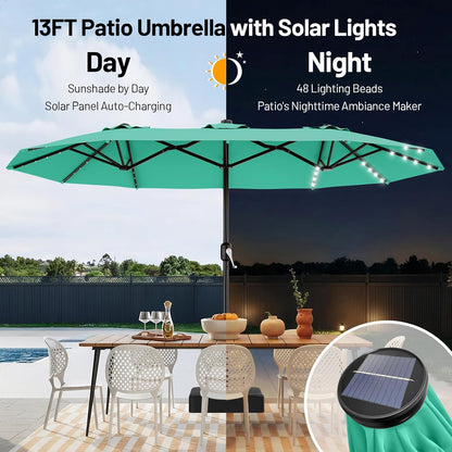 SUNGUARD UMBRELLAS 13 ft Solar LED Double-Sided Patio Umbrella, 6.5 x 13 ft Rectangular Canopy with Crank - Cream-White / 6.5x13 Ft