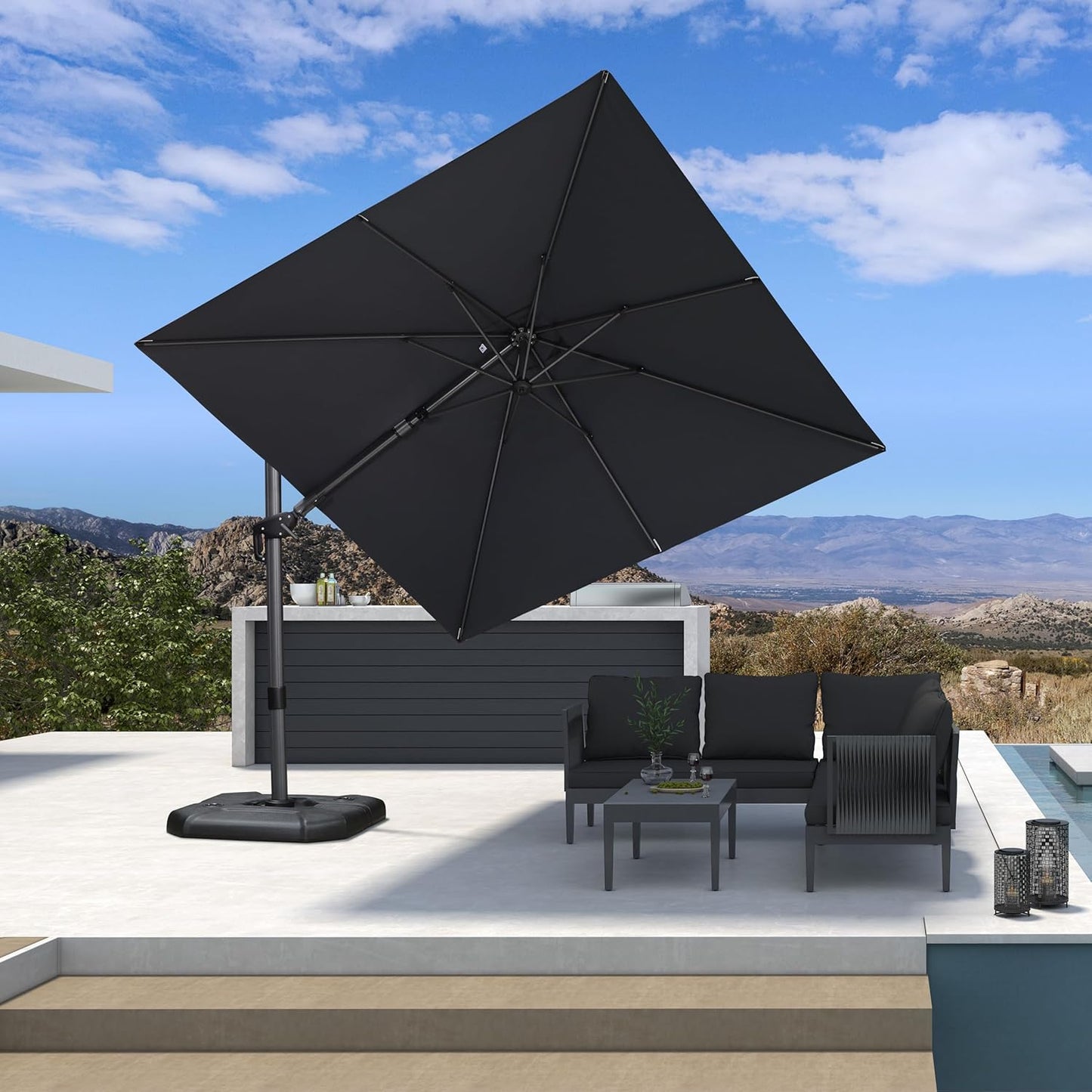 SUNGUARD UMBRELLAS Square Cantilever Patio Umbrella, 360-Degree Rotating Offset Umbrella with Aluminum Frame - Grey / 9' X 9' / Left-right Tilt
