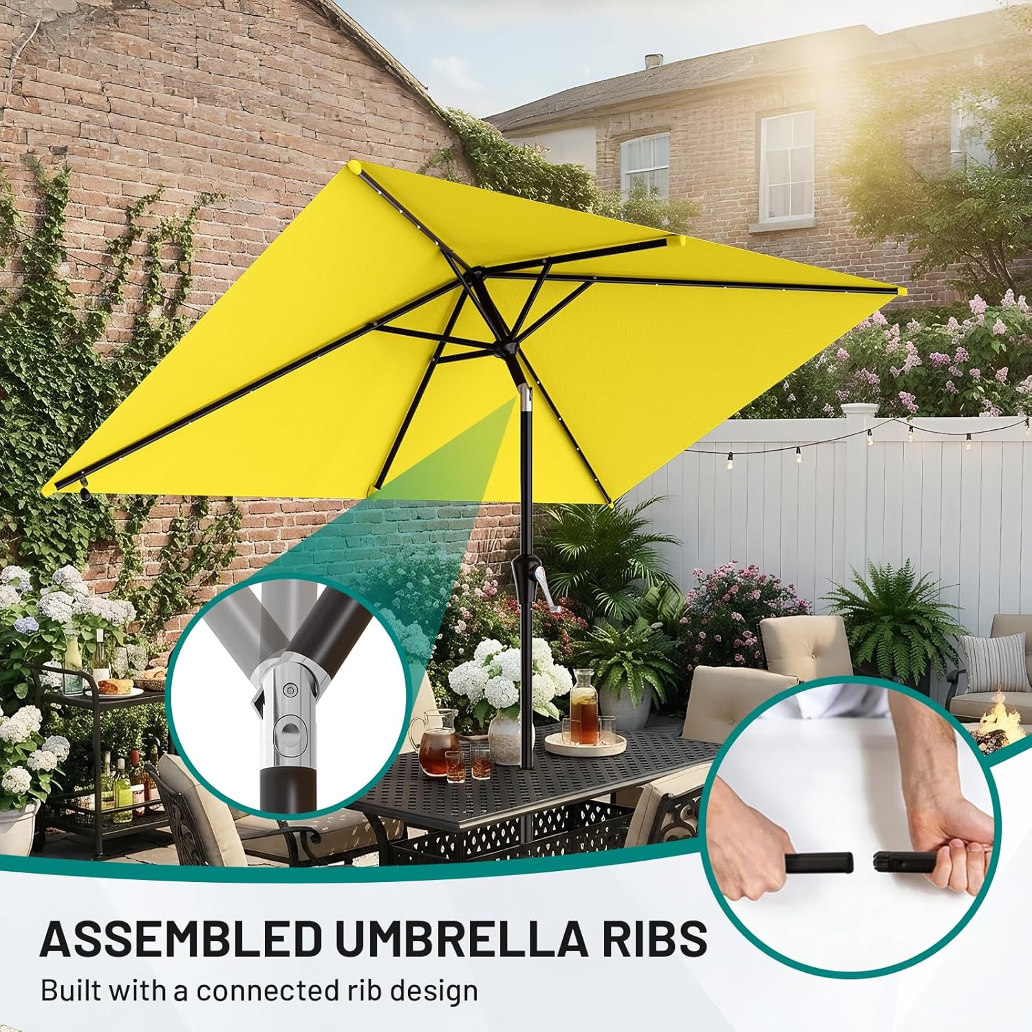 SUNGUARD UMBRELLAS Rectangular Solar LED Patio Umbrella, 16-Light Vented Canopy with Crank Tilt - Apple Green / 6.5 X 10 Ft