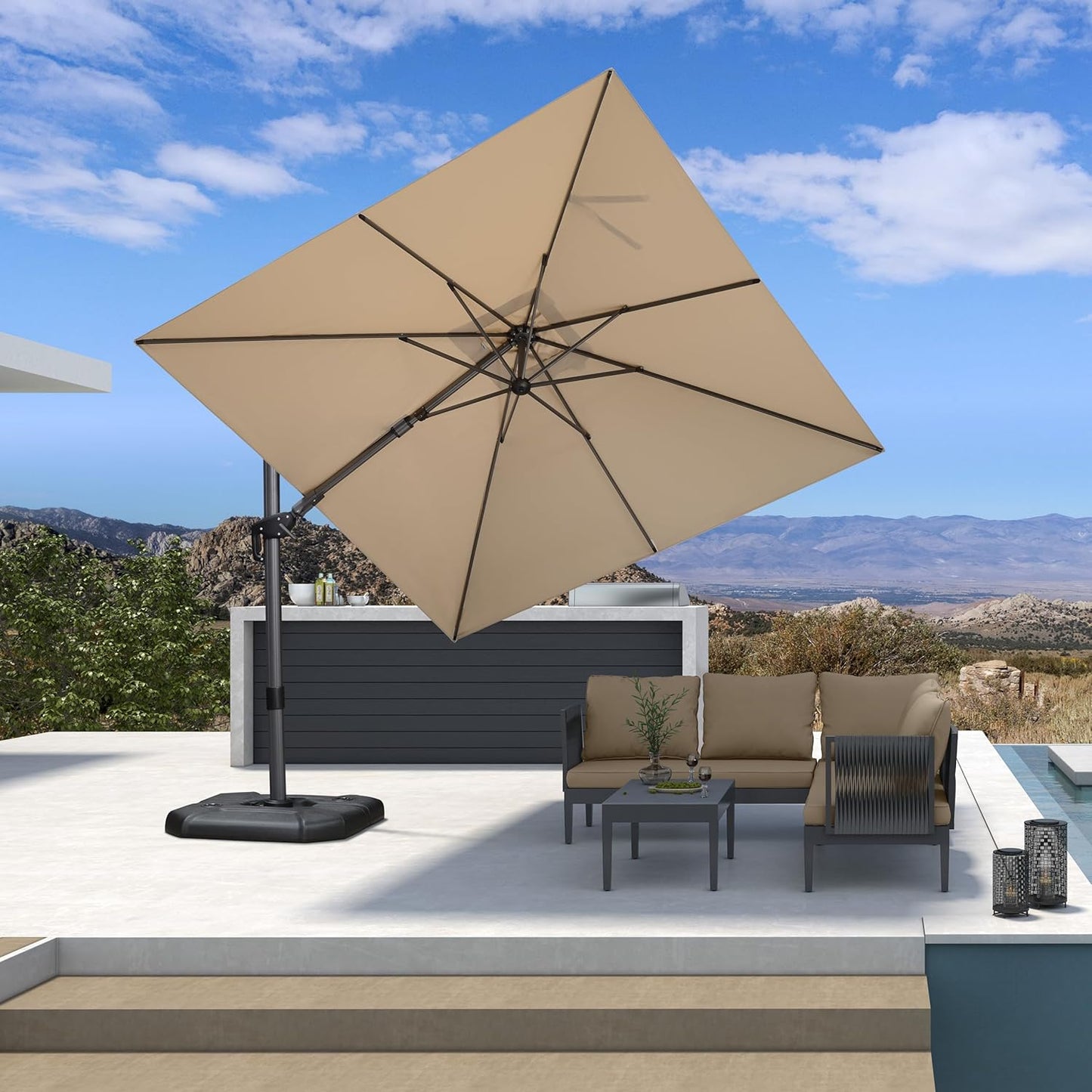 SUNGUARD UMBRELLAS Square Cantilever Patio Umbrella, 360-Degree Rotating Offset Umbrella with Aluminum Frame - Light Grey / 10' X 10' / Left-right Tilt（LED）
