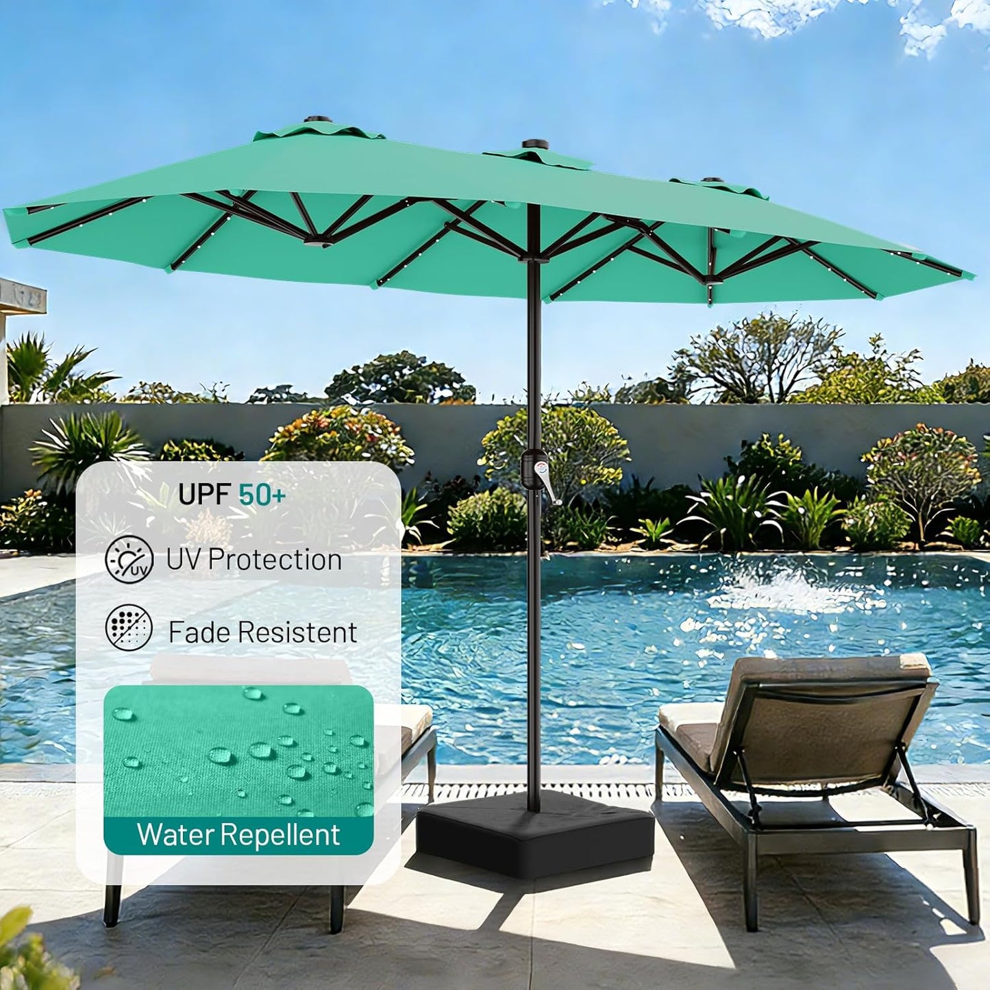 SUNGUARD UMBRELLAS 13 ft Solar LED Double-Sided Patio Umbrella, 6.5 x 13 ft Rectangular Canopy with Crank - Dark Green / 6.5x13 Ft
