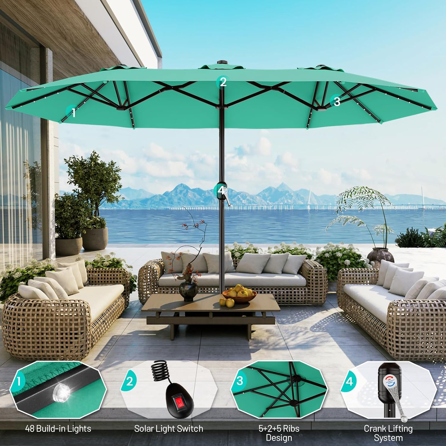 SUNGUARD UMBRELLAS 13 ft Solar LED Double-Sided Patio Umbrella, 6.5 x 13 ft Rectangular Canopy with Crank - Orange / 6.5x13 Ft