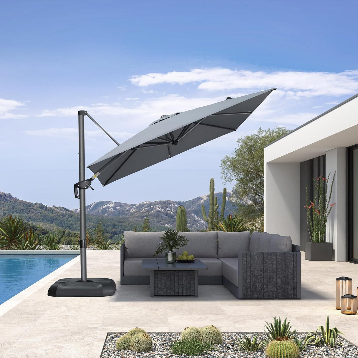 SUNGUARD UMBRELLAS Square Cantilever Patio Umbrella, 360-Degree Rotating Offset Umbrella with Aluminum Frame - Light Grey / 10 Feet / Standard