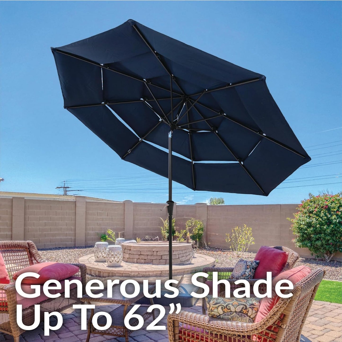 SUNGUARD UMBRELLAS 10 ft 3-Tier Solar LED Patio Umbrella, Vented Polyester Market Umbrella with Crank Tilt - With Solar Lights