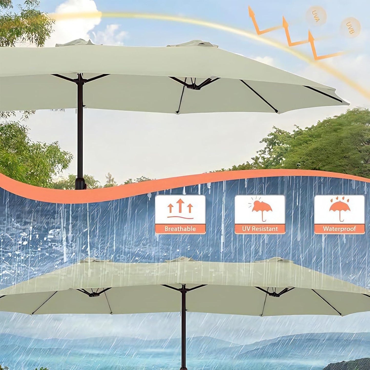 SUNGUARD UMBRELLAS 15 ft x 9 ft Replacement Canopy, 12-Rib Polyester Cover for Double-Sided Patio Umbrellas
