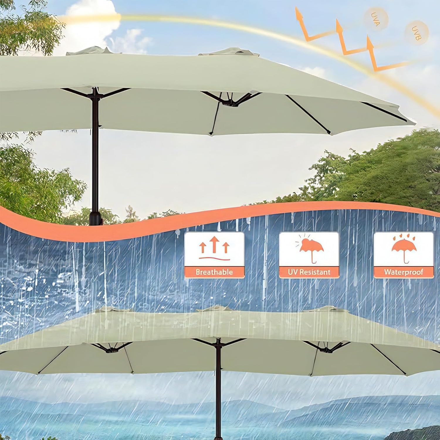 SUNGUARD UMBRELLAS 15 ft x 9 ft Replacement Canopy, 12-Rib Polyester Cover for Double-Sided Patio Umbrellas