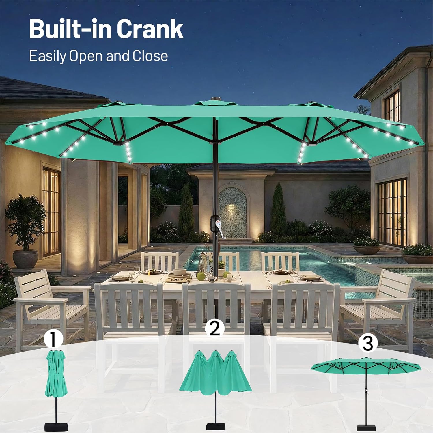 SUNGUARD UMBRELLAS 13 ft Solar LED Double-Sided Patio Umbrella, 6.5 x 13 ft Rectangular Canopy with Crank - Lake Blue / 6.5x13 Ft