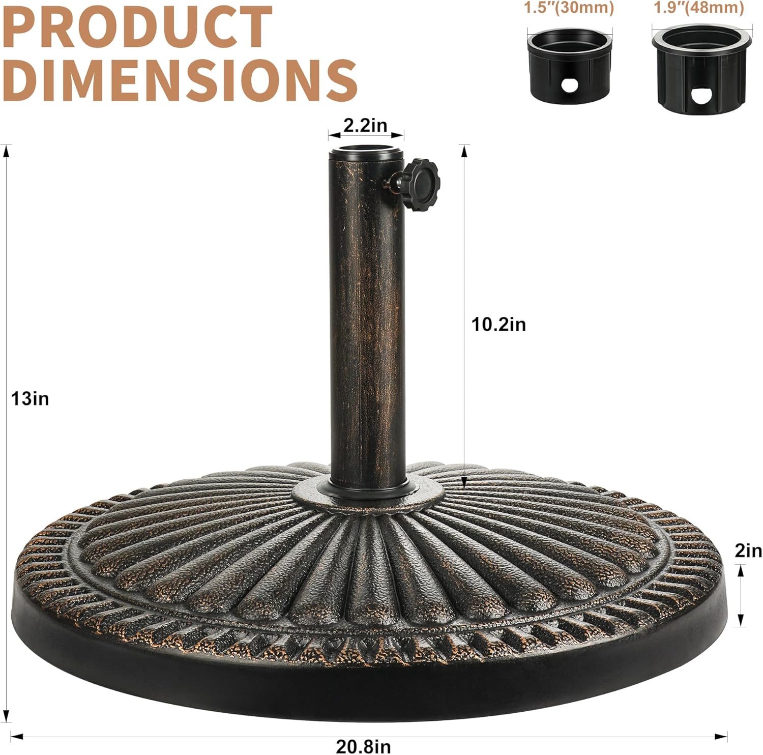 SUNGUARD UMBRELLAS Round Bronze Patio Umbrella Base, Resin Concrete Stand for Up to 1.9 in Poles - 31lb