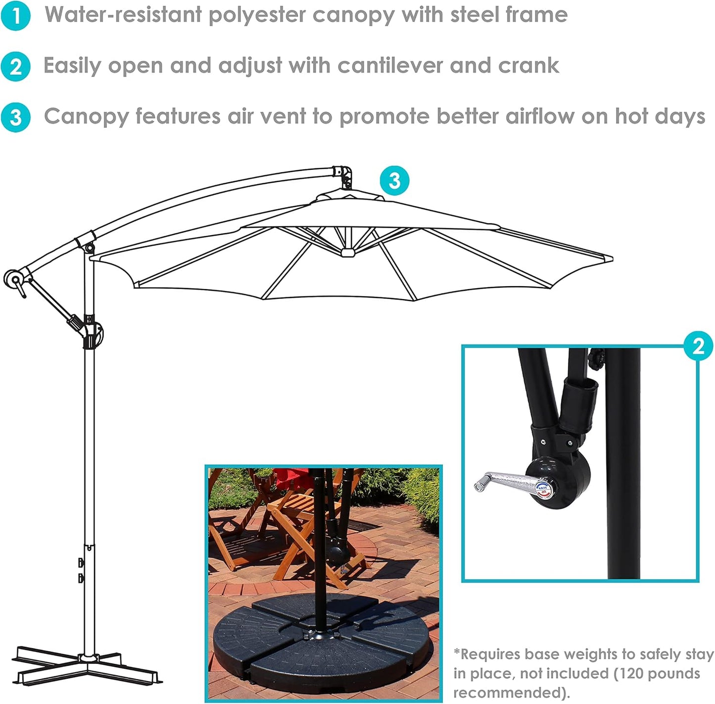 SUNGUARD UMBRELLAS 9.5 ft Cantilever Patio Umbrella, Vented Polyester Canopy with Crank and Cross Base - Sunshine