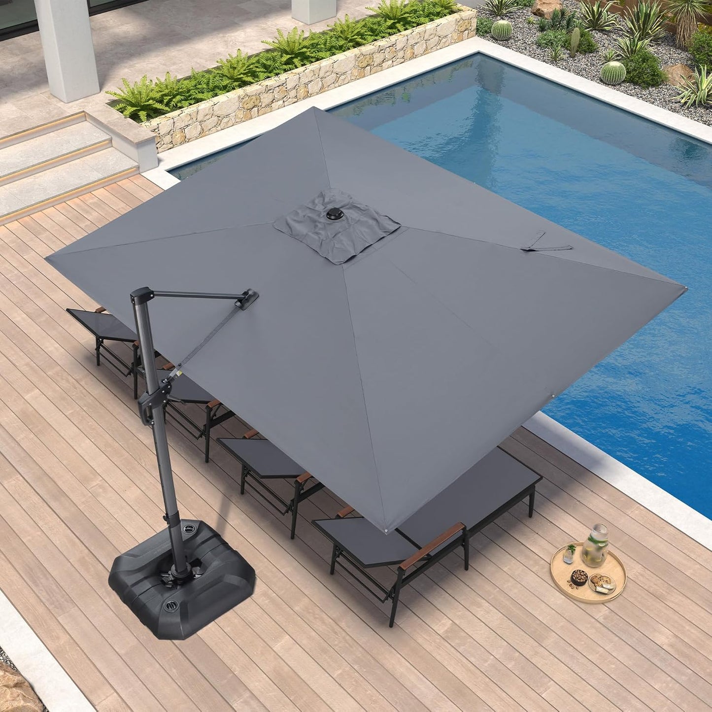 SUNGUARD UMBRELLAS Square Cantilever Patio Umbrella, 360-Degree Rotating Offset Umbrella with Aluminum Frame - Navy Blue / 10' X 10' / Left-right Tilt（LED）