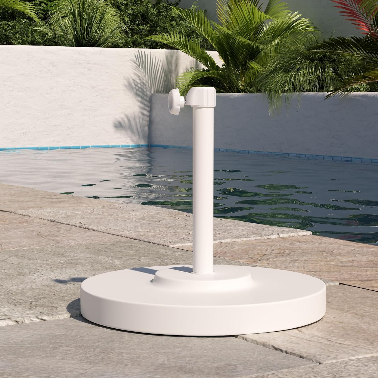 SUNGUARD UMBRELLAS 50 lb Round Concrete Patio Umbrella Base, White Steel Stand for 1.5 in Poles - Champagne