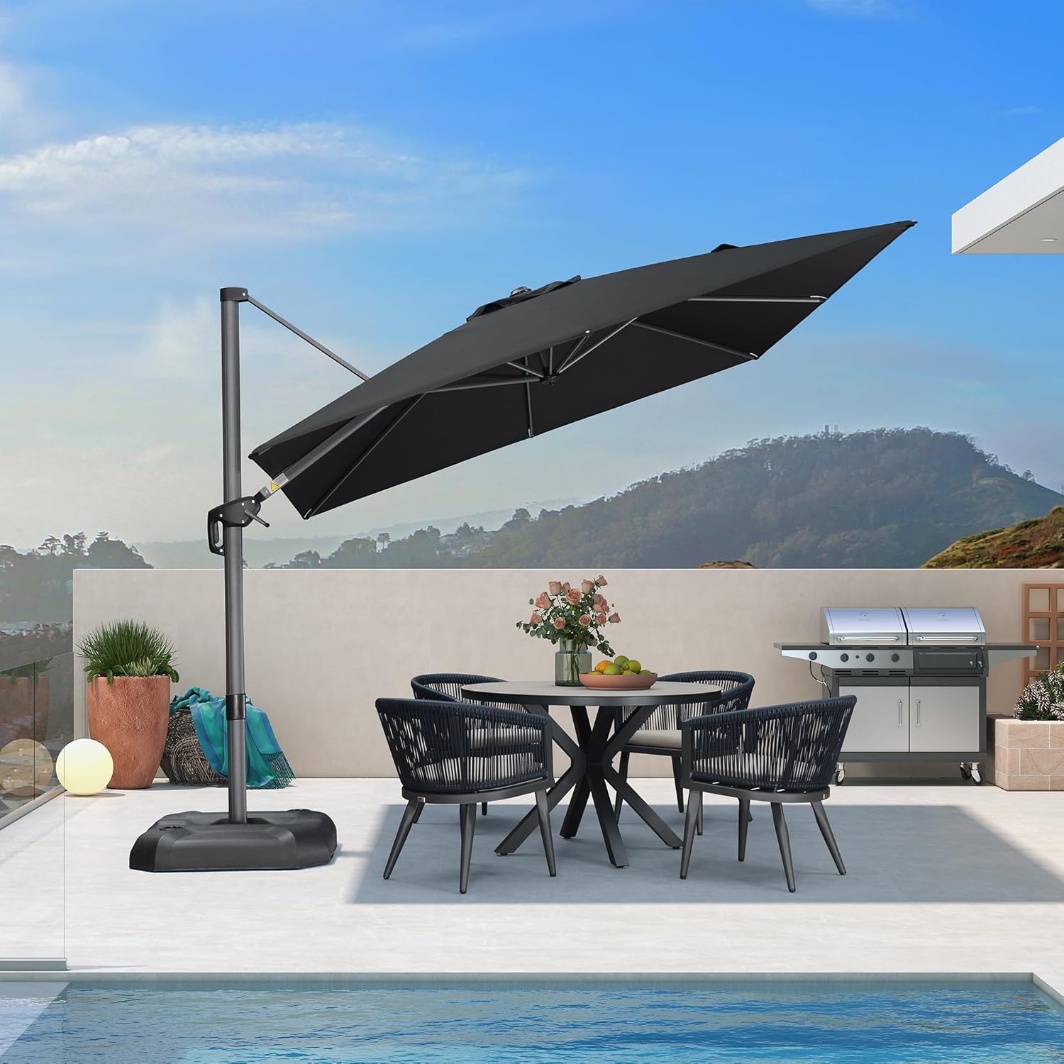 SUNGUARD UMBRELLAS Square Cantilever Patio Umbrella, 360-Degree Rotating Offset Umbrella with Aluminum Frame - Navy Blue / 9' X 9' / Left-right Tilt