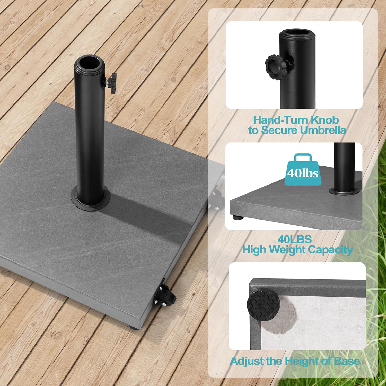 SUNGUARD UMBRELLAS 43 lb Square Patio Umbrella Base with Wheels, Pre-Filled Concrete Outdoor Stand