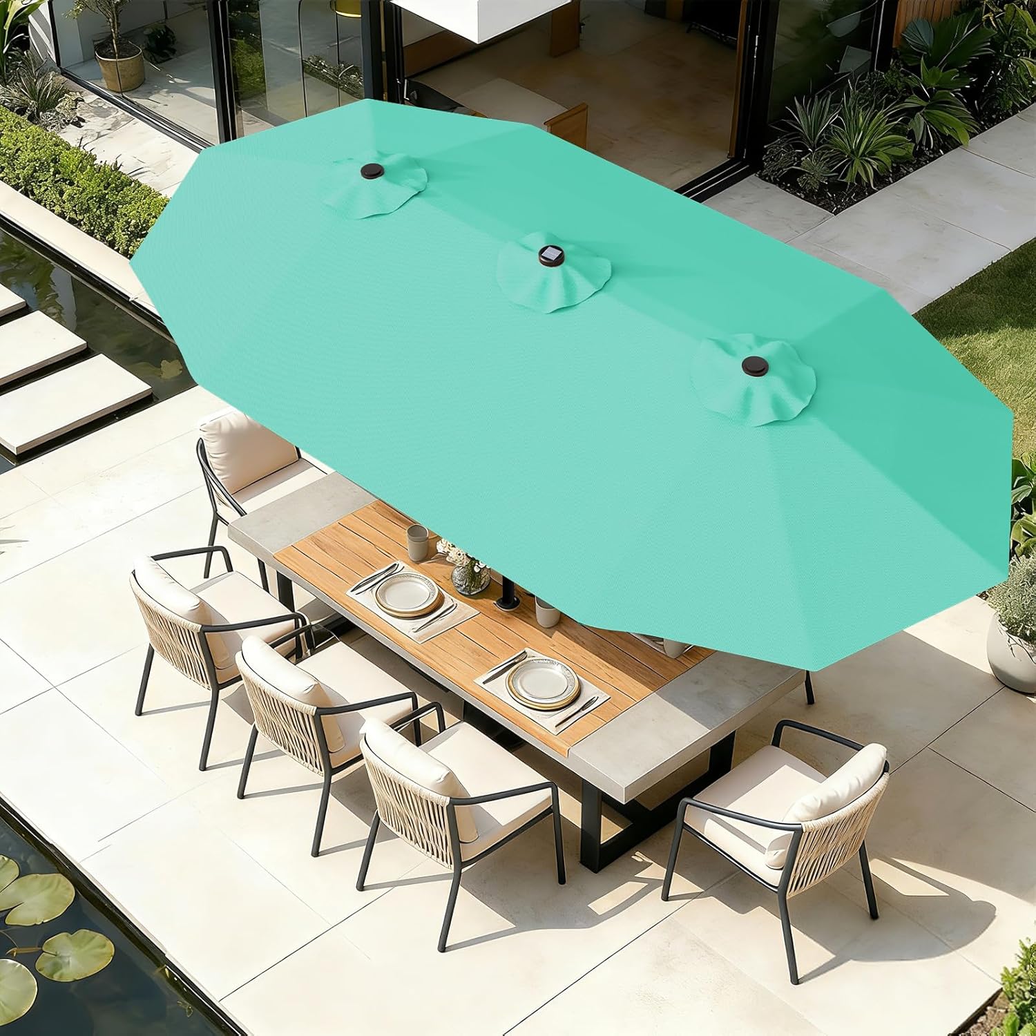 SUNGUARD UMBRELLAS 13 ft Solar LED Double-Sided Patio Umbrella, 6.5 x 13 ft Rectangular Canopy with Crank - Yellow / 6.5x13 Ft