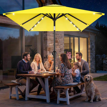 SUNGUARD UMBRELLAS Rectangular Solar LED Patio Umbrella, 16-Light Vented Canopy with Crank Tilt - Khaki / 12 Ft