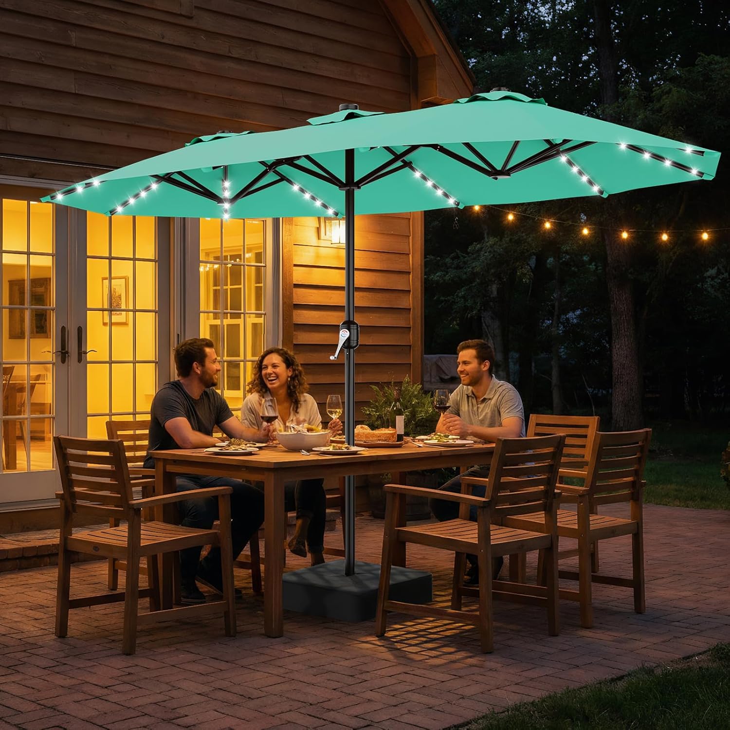 SUNGUARD UMBRELLAS 13 ft Solar LED Double-Sided Patio Umbrella, 6.5 x 13 ft Rectangular Canopy with Crank - Beige / 6.5x13 Ft