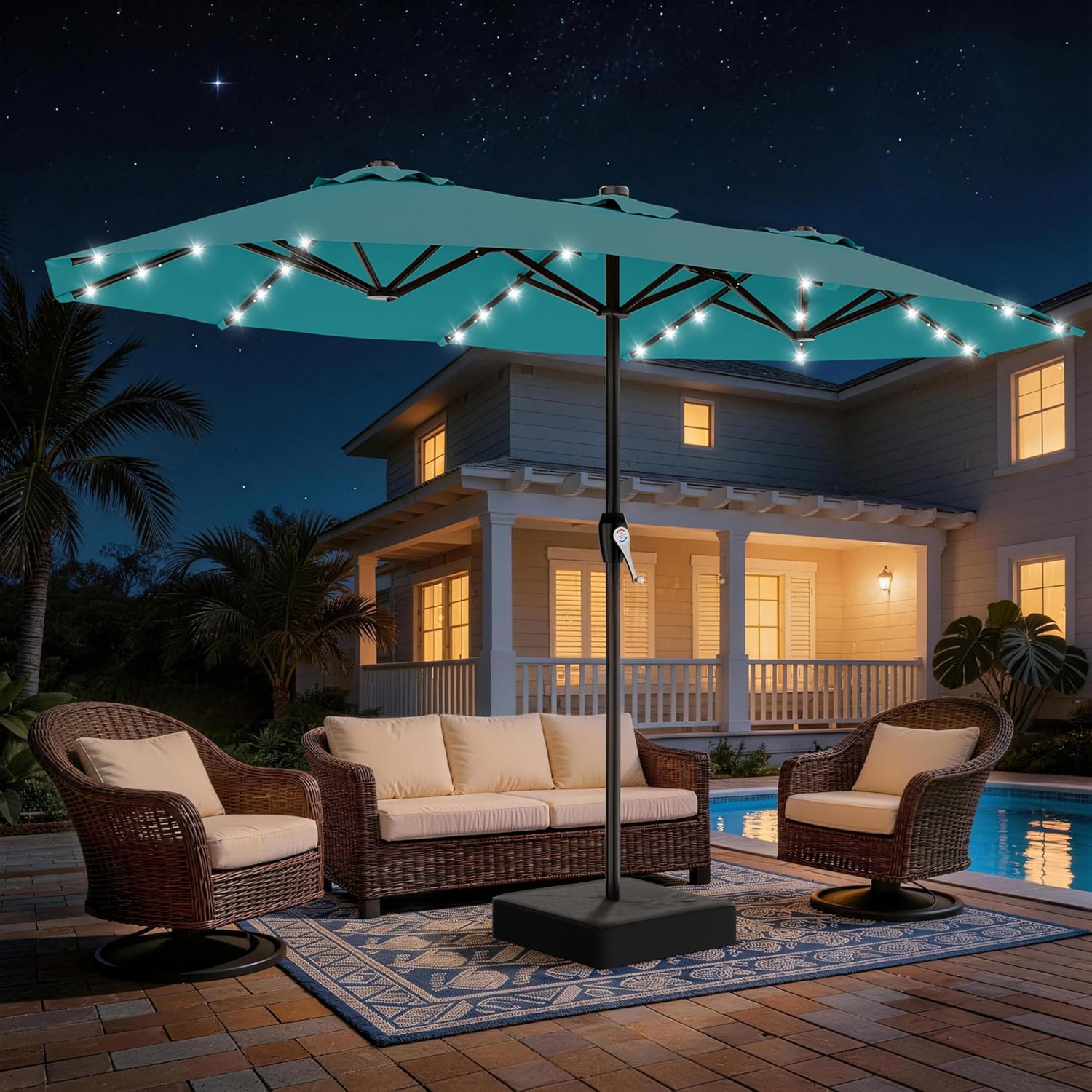 SUNGUARD UMBRELLAS 13 ft Solar LED Double-Sided Patio Umbrella, 6.5 x 13 ft Rectangular Canopy with Crank