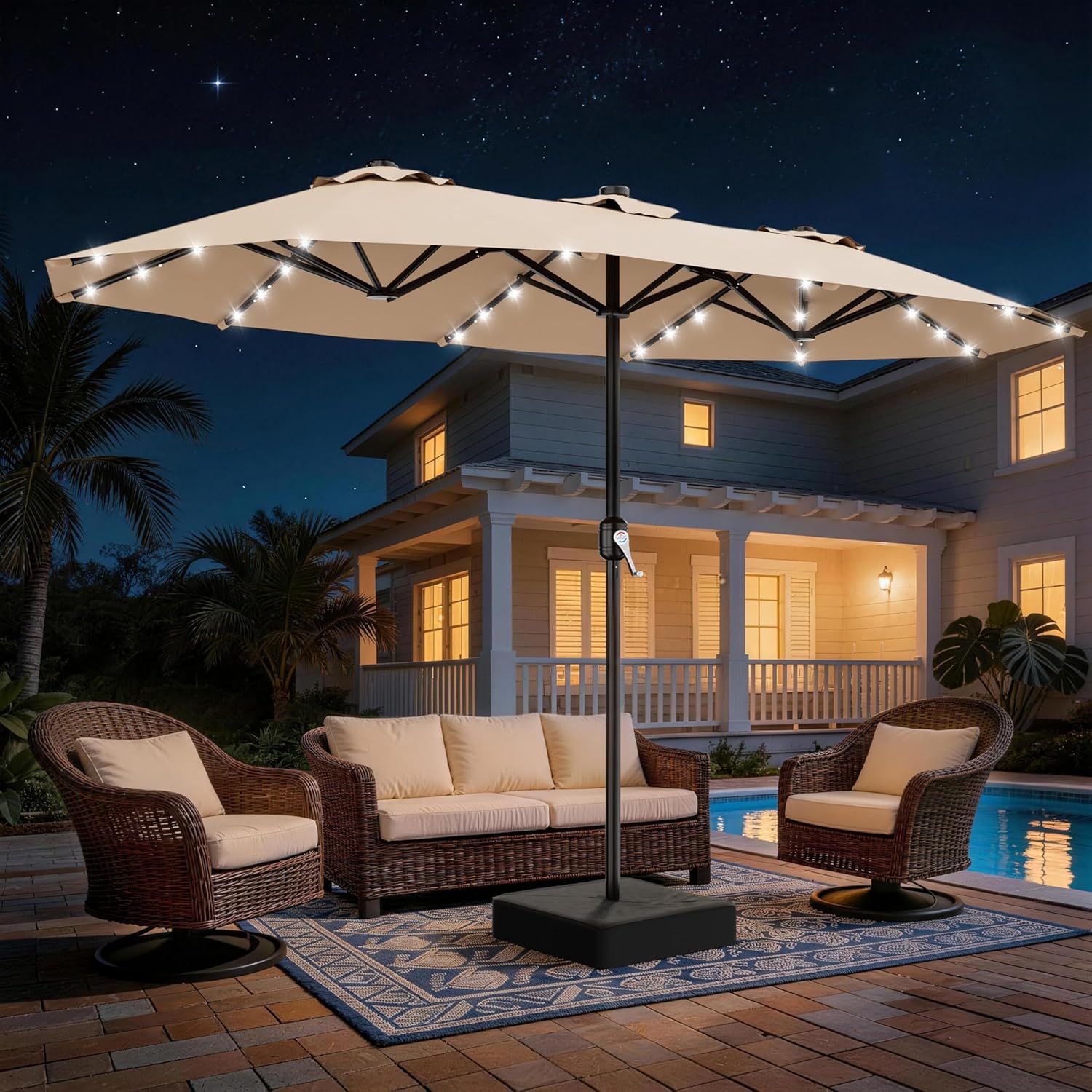 SUNGUARD UMBRELLAS 13 ft Solar LED Double-Sided Patio Umbrella, 6.5 x 13 ft Rectangular Canopy with Crank