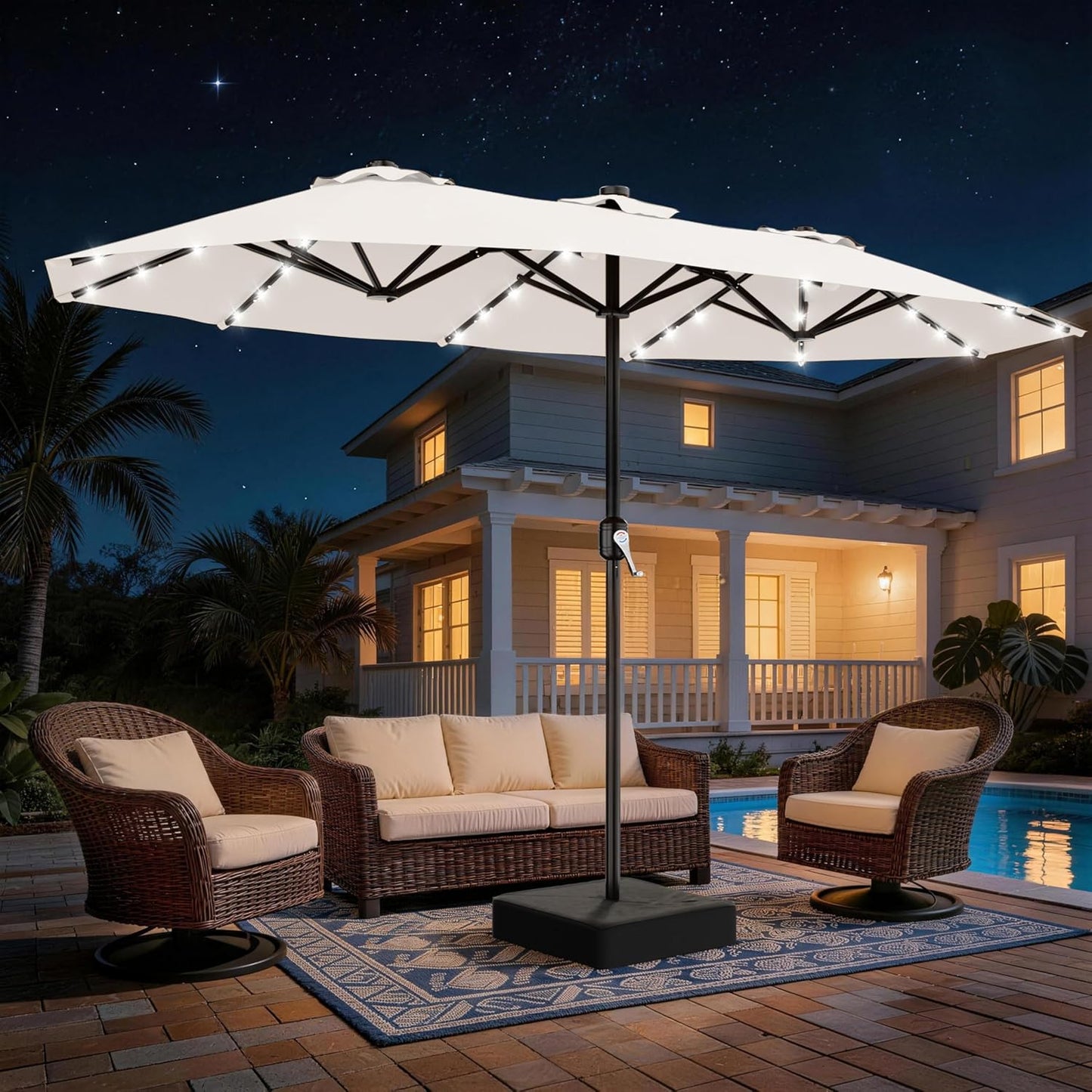 SUNGUARD UMBRELLAS 13 ft Solar LED Double-Sided Patio Umbrella, 6.5 x 13 ft Rectangular Canopy with Crank