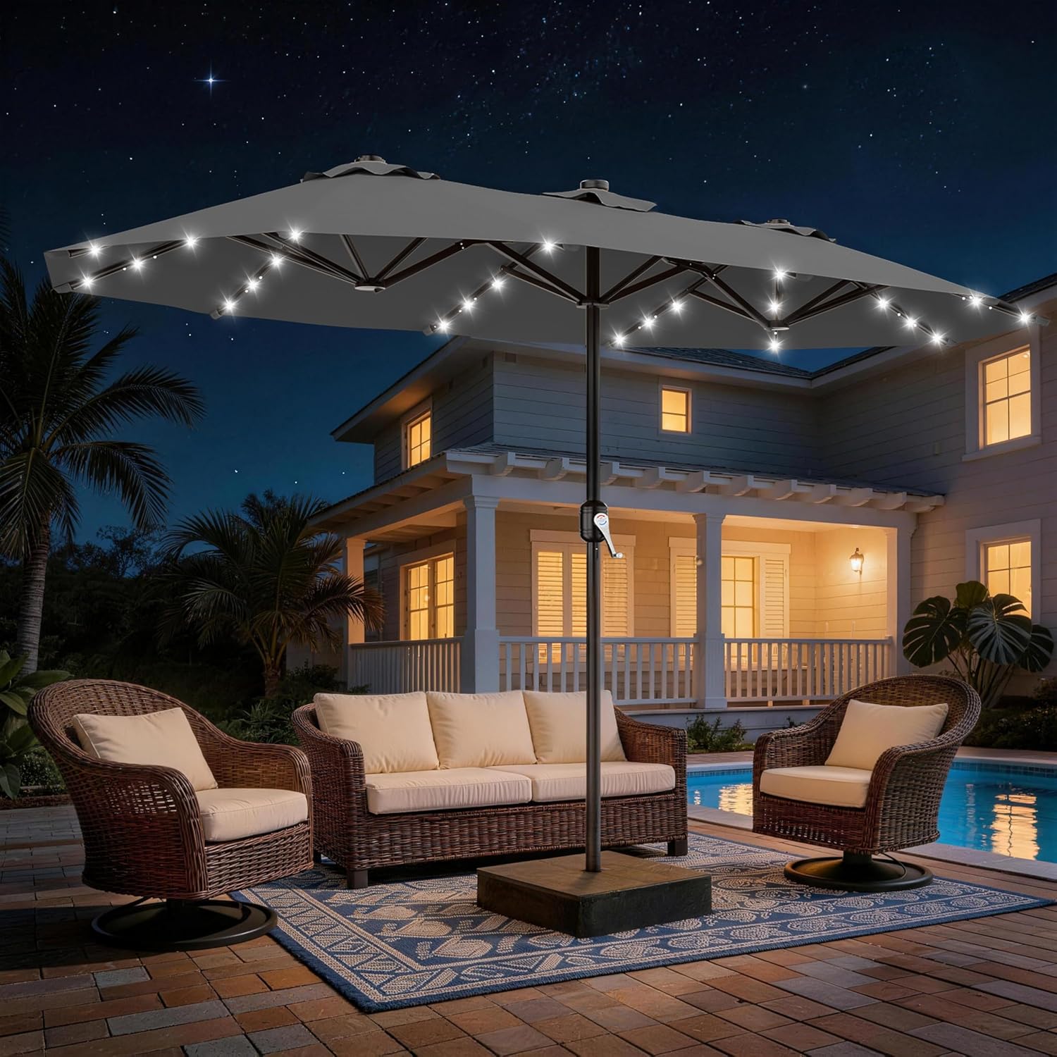 SUNGUARD UMBRELLAS 13 ft Solar LED Double-Sided Patio Umbrella, 6.5 x 13 ft Rectangular Canopy with Crank