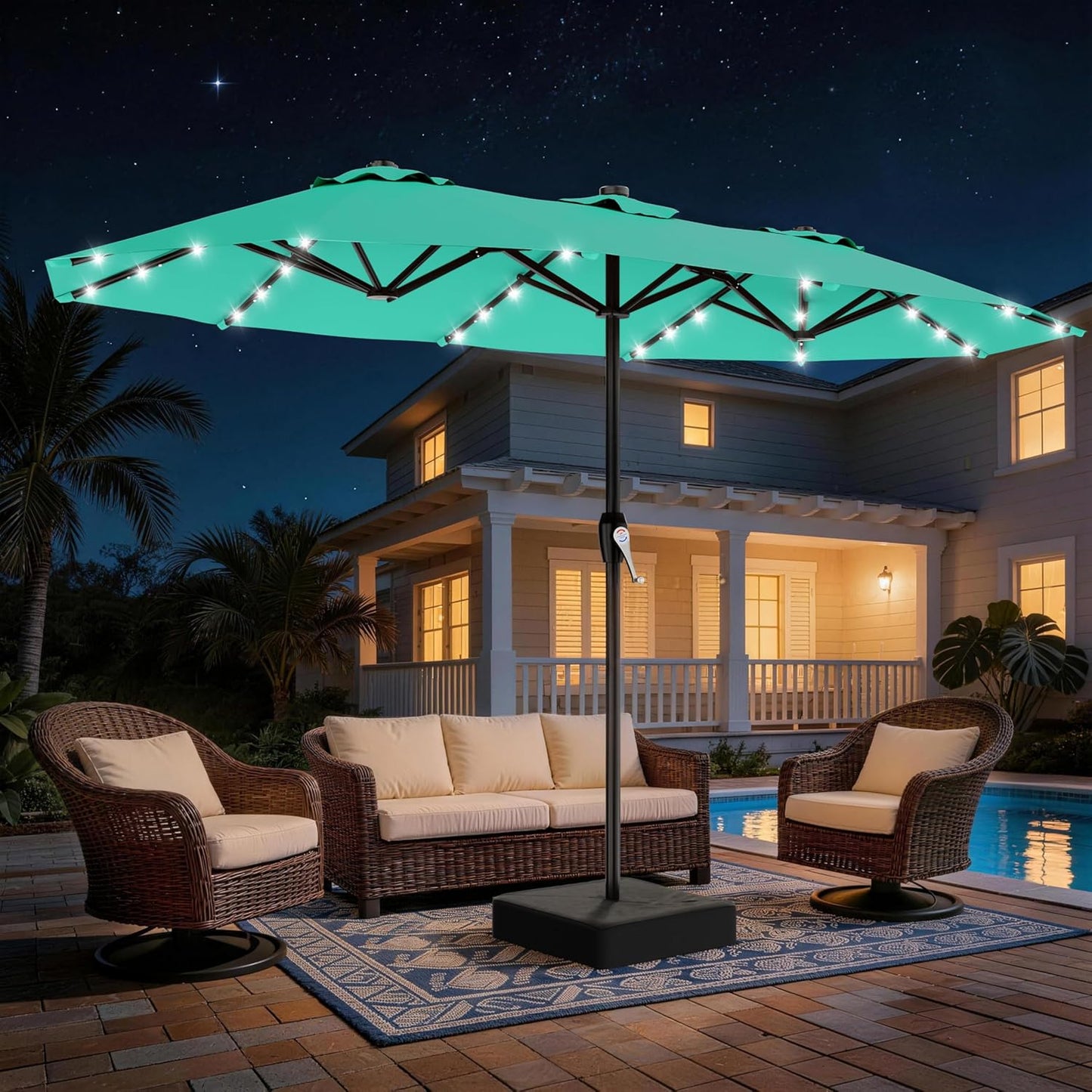 SUNGUARD UMBRELLAS 13 ft Solar LED Double-Sided Patio Umbrella, 6.5 x 13 ft Rectangular Canopy with Crank